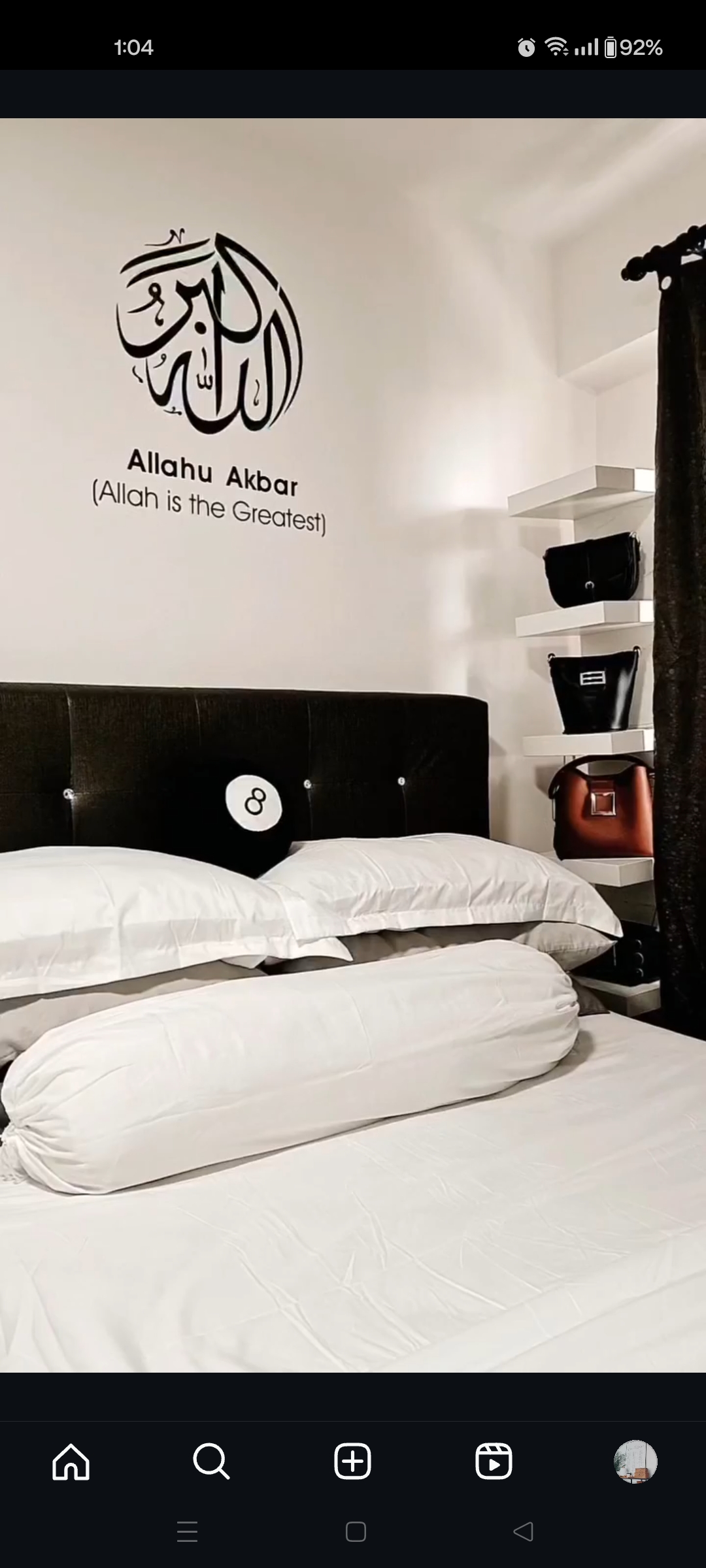 Wind down in our all white bedroom 🤍 - Bed with white bedding and pillows, Wall art featuring Arabic calligraphy, Islamic