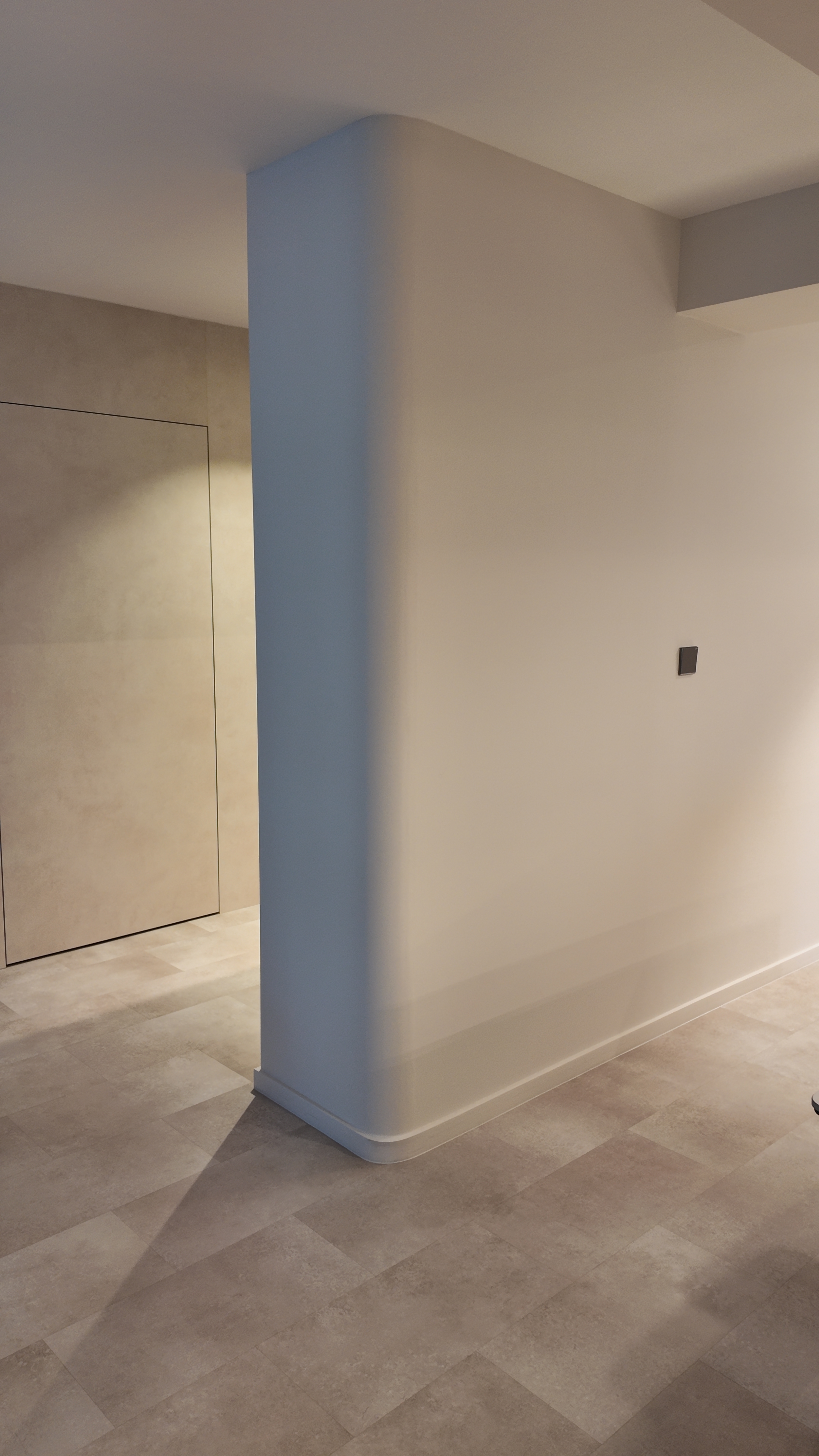 Doorbusters: Transforming Our Entryway 🚪 - Modern minimalist interior, beige walls and floor, recessed lighting, geometric