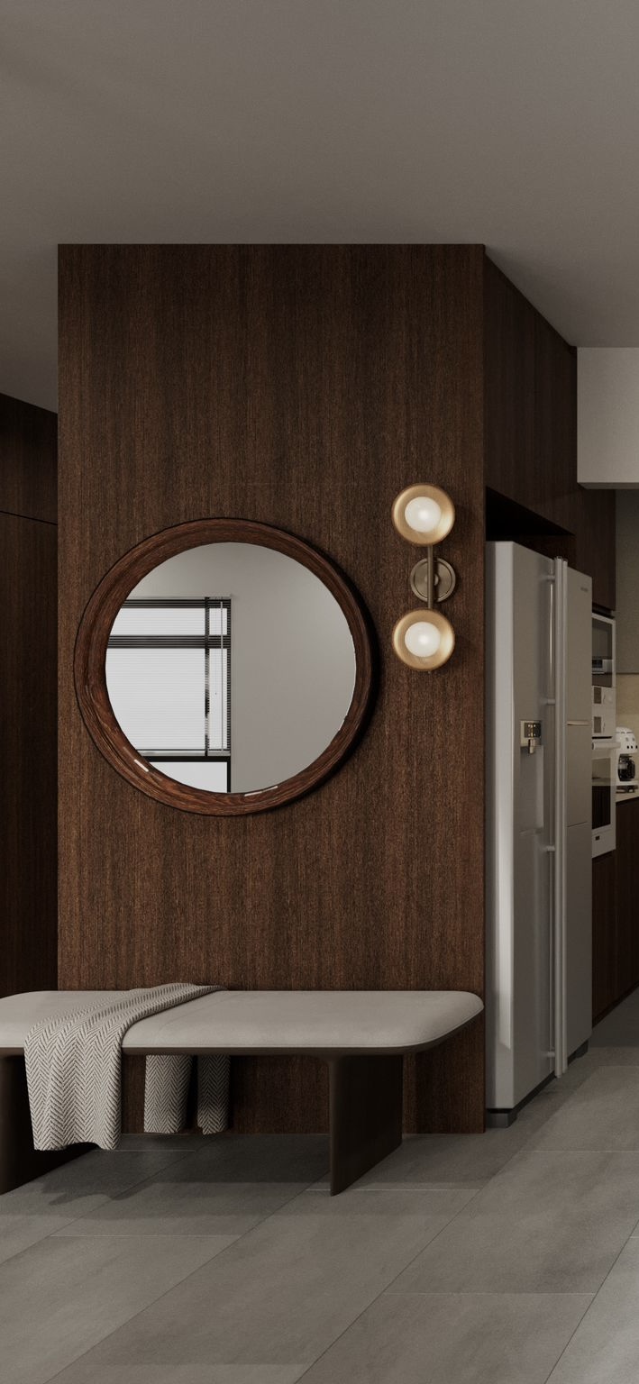 Doorbusters: Transforming Our Entryway 🚪 - Wooden wall, round mirror, modern kitchen, minimalist design, contemporary decor