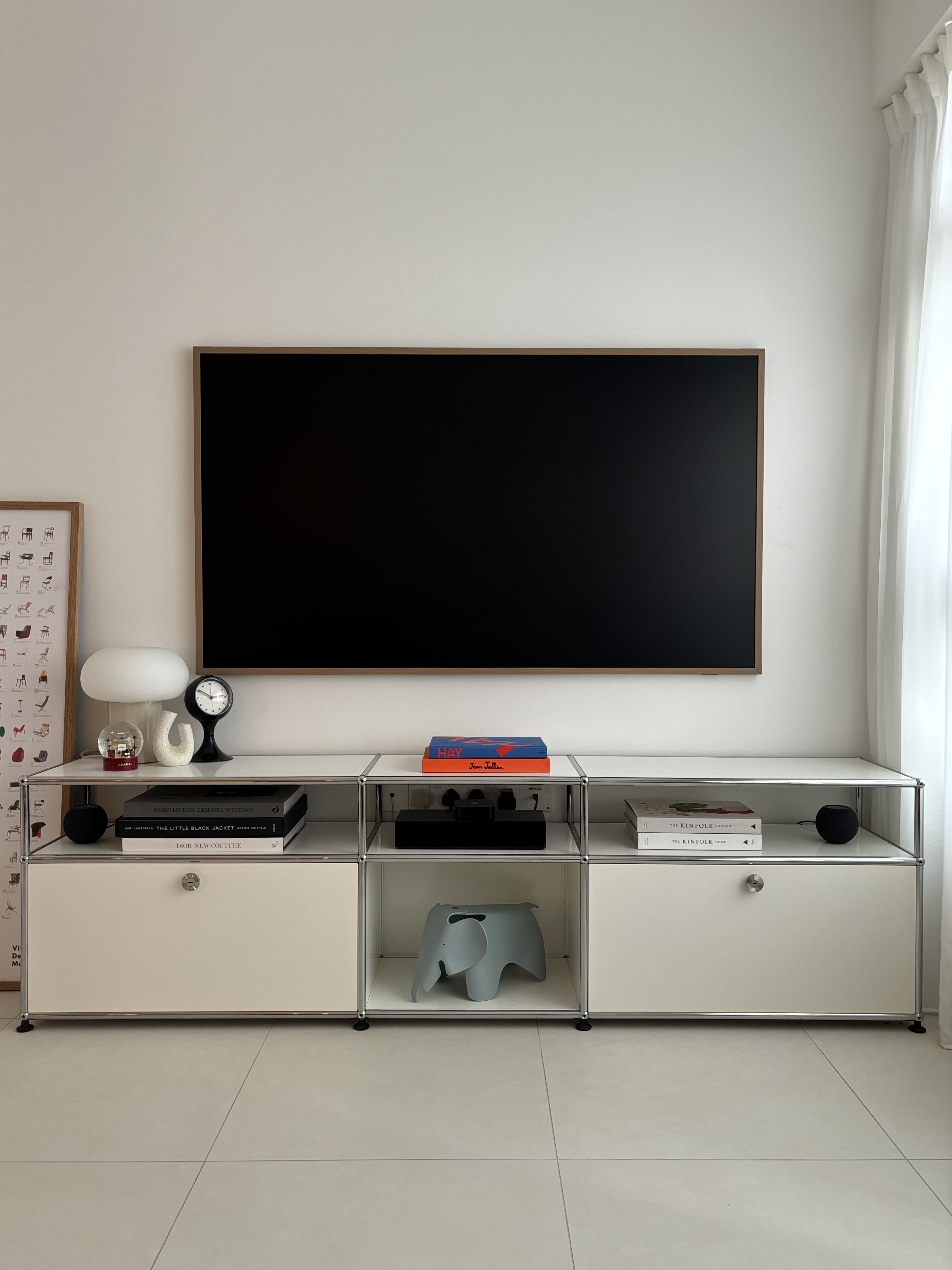 Living Room: 4-Rm BTO with no built-ins  - modern minimalist decor, sleek TV stand, white cabinets, blackboard, contemporary
