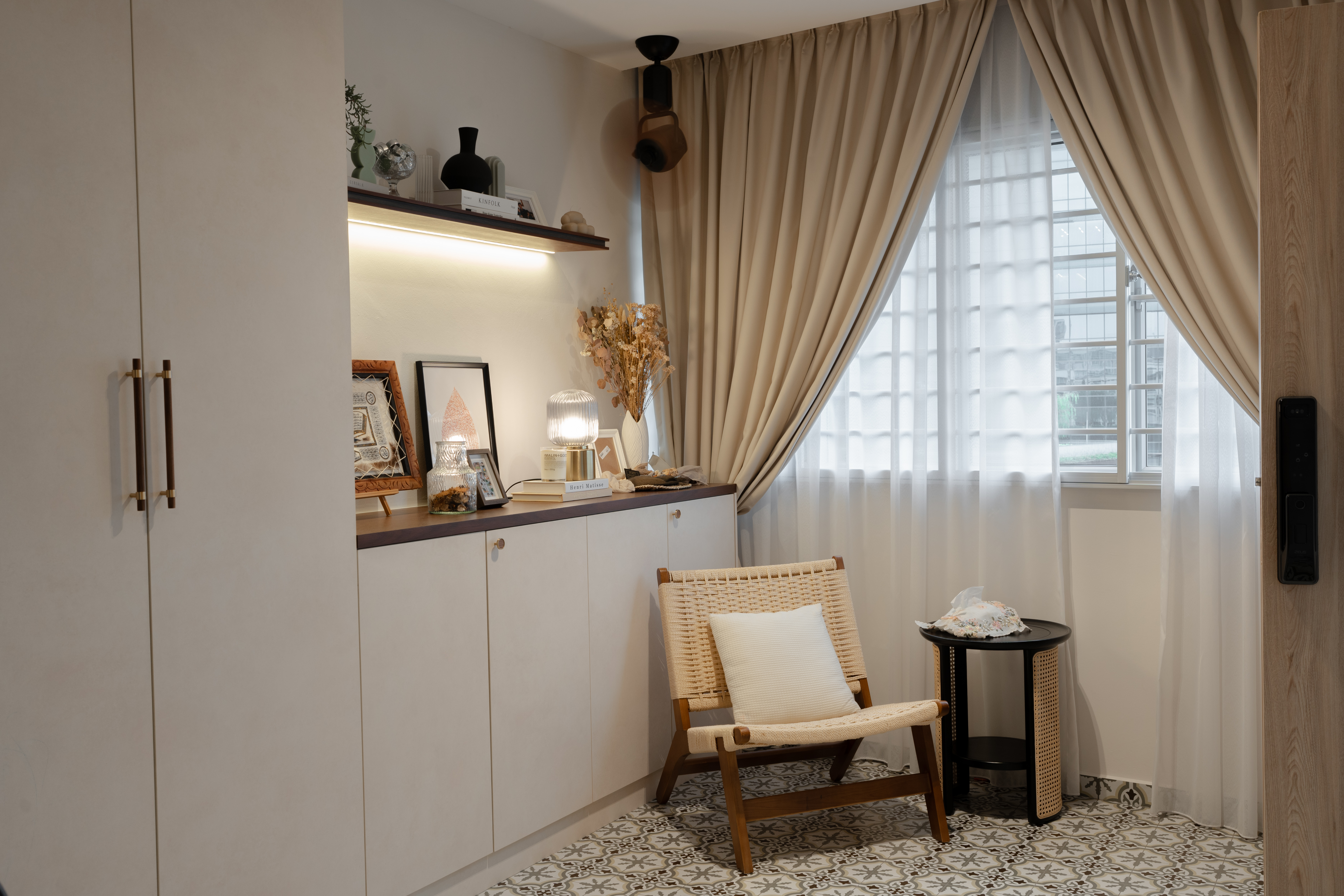 Entryway Essentials: Style, Storage and a touch of our personality! - Curtains, window, light fixture, vase, framed photo