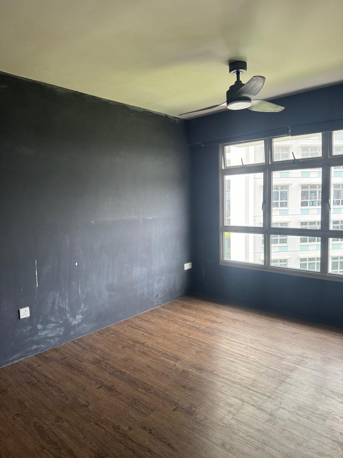 Our House-Hunting Journey: Finding 'the One' or Not? - Dark gray walls, wooden floor, empty room, large windows, natural