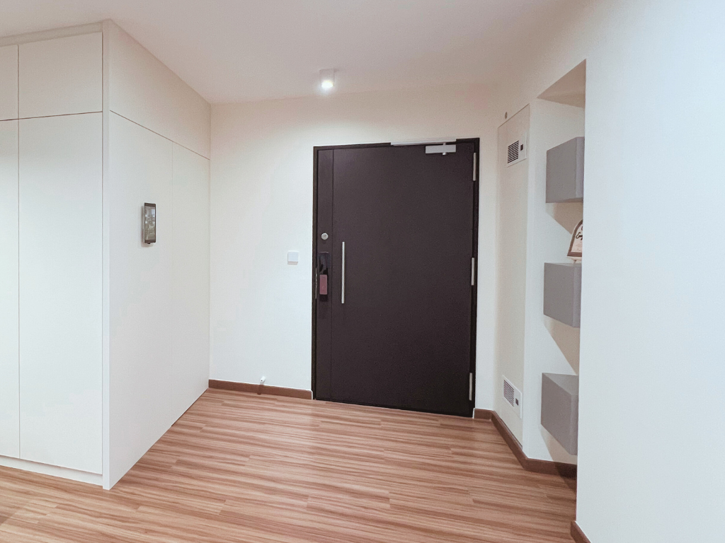 Entryway | Warm Welcome | 5rm BTO in Tampines - White kitchen cabinets, wooden floor, modern design, minimalist decor, open