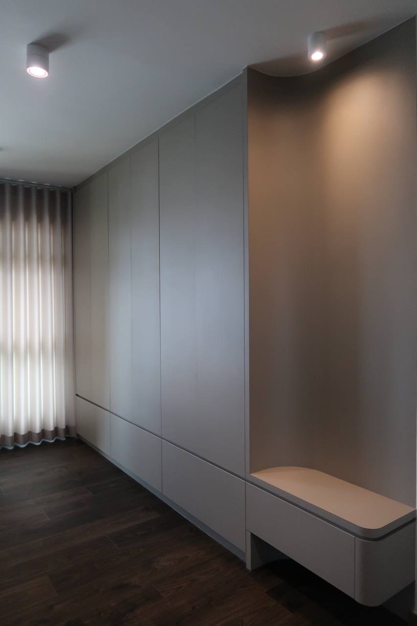 Entryway: Unique Position - Modern minimalist wardrobe with sleek design, built-in storage, light gray and beige color