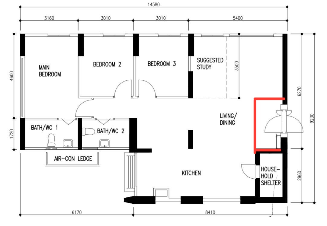 Entryway: Unique Position - Main bedroom, bedroom 2, bedroom 3, suggested study, living/dining, house hold shelter, air-con