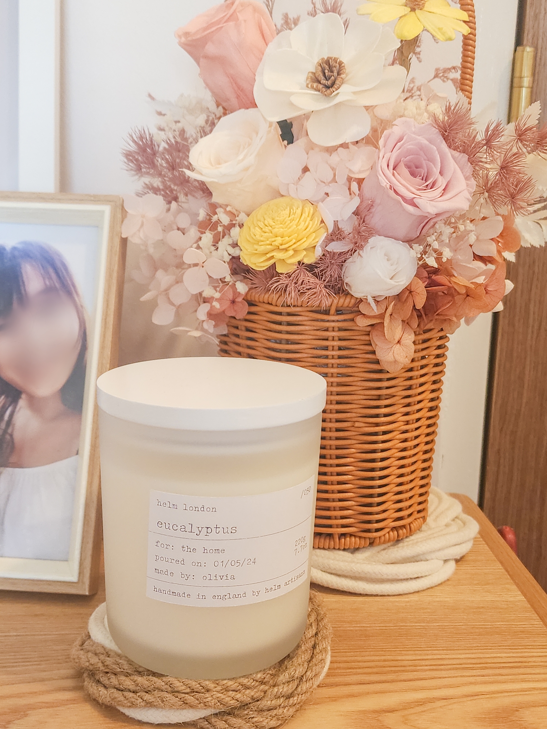 A Simple & Small Entryway Focused on Decor Without Built-Ins - floral arrangement, pastel flowers, wicker basket, yellow