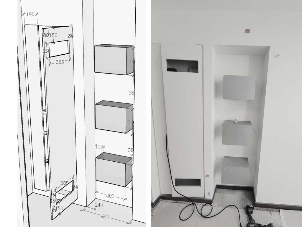 Entryway | Warm Welcome | 5rm BTO in Tampines - 3D architectural drawing of a shelving unit, Dimensions and measurements for
