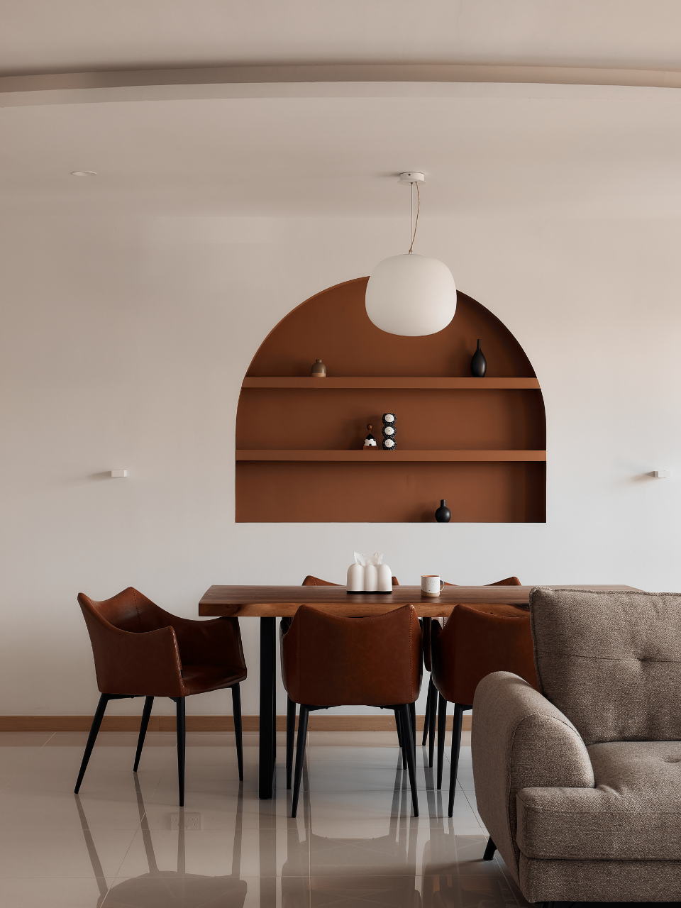 Renders vs Reality: 5-Room Living Room - Modern dining room, minimalist design, brown leather chairs, wooden dining table
