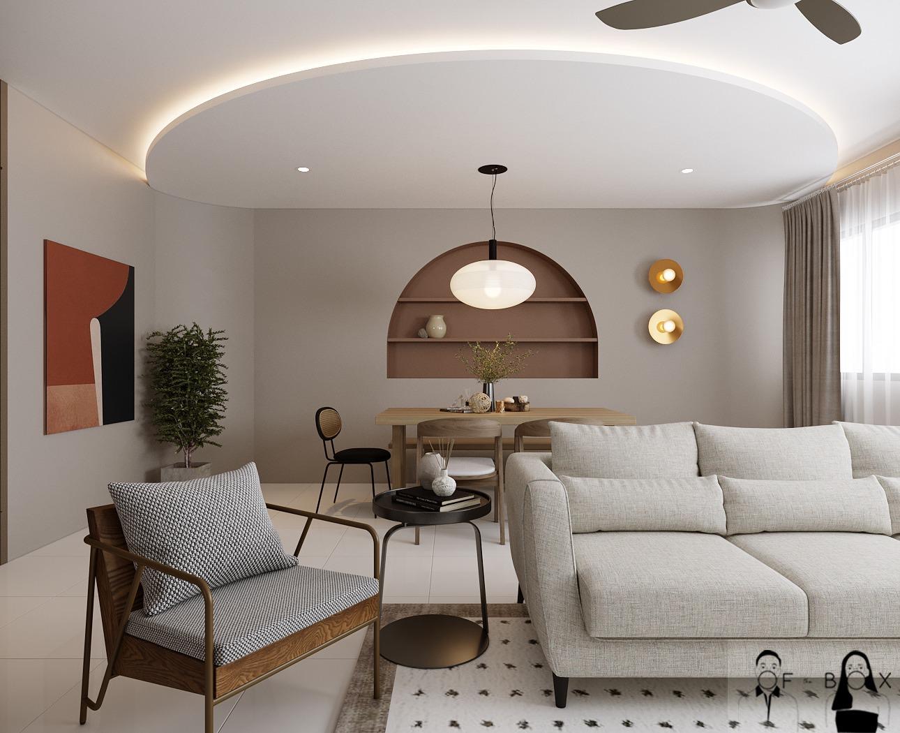 Renders vs Reality: 5-Room Living Room - Modern minimalist living room, contemporary furniture, neutral color palette