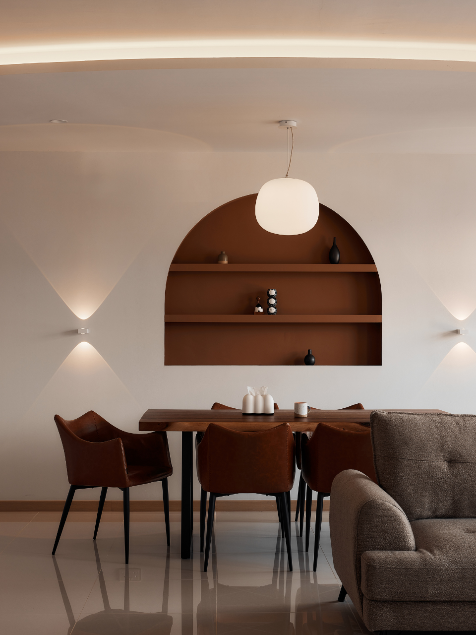 Renders vs Reality: 5-Room Living Room - Modern dining room with minimalist design, warm ambient lighting, brown leather