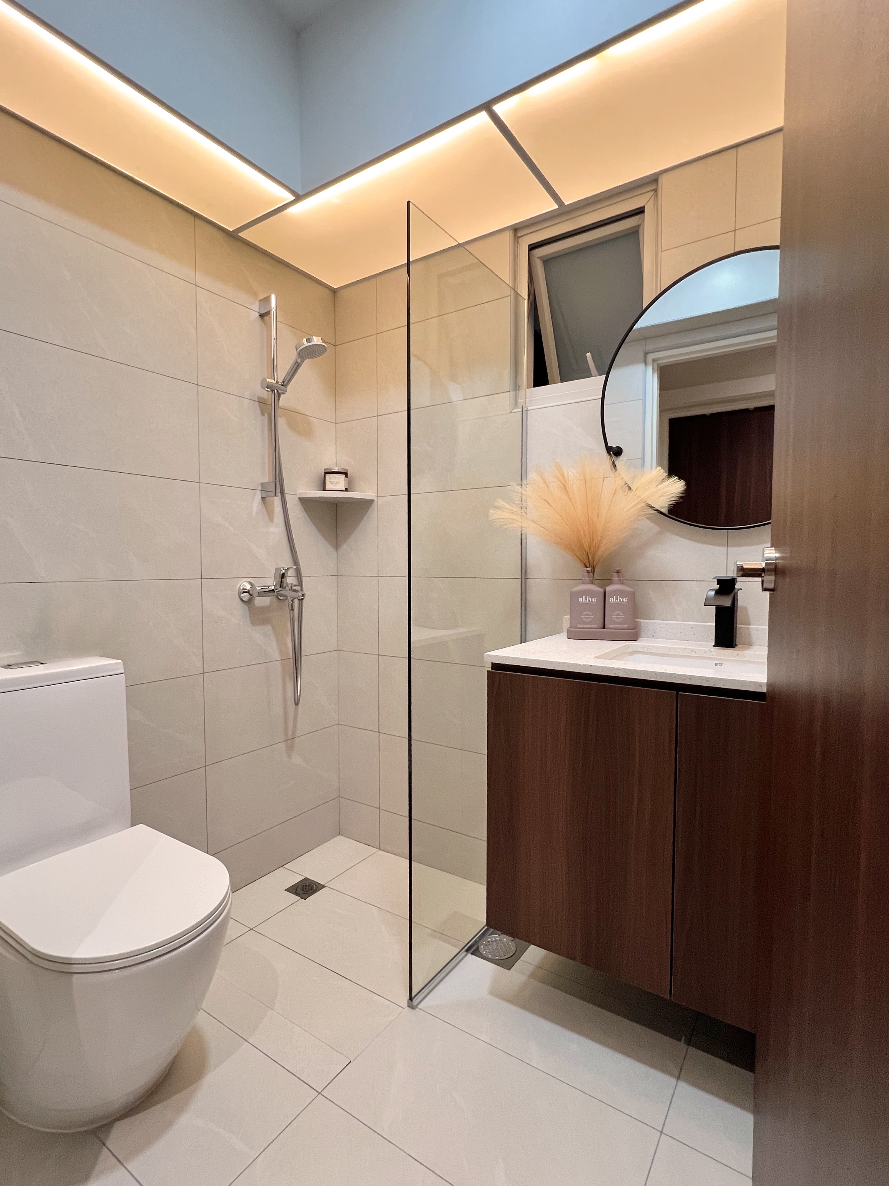 1.5 Years On: Our $38k Chic, Moody Scandi Home Remains Cozy & Inviting - Modern minimalist bathroom, sleek design, tiled