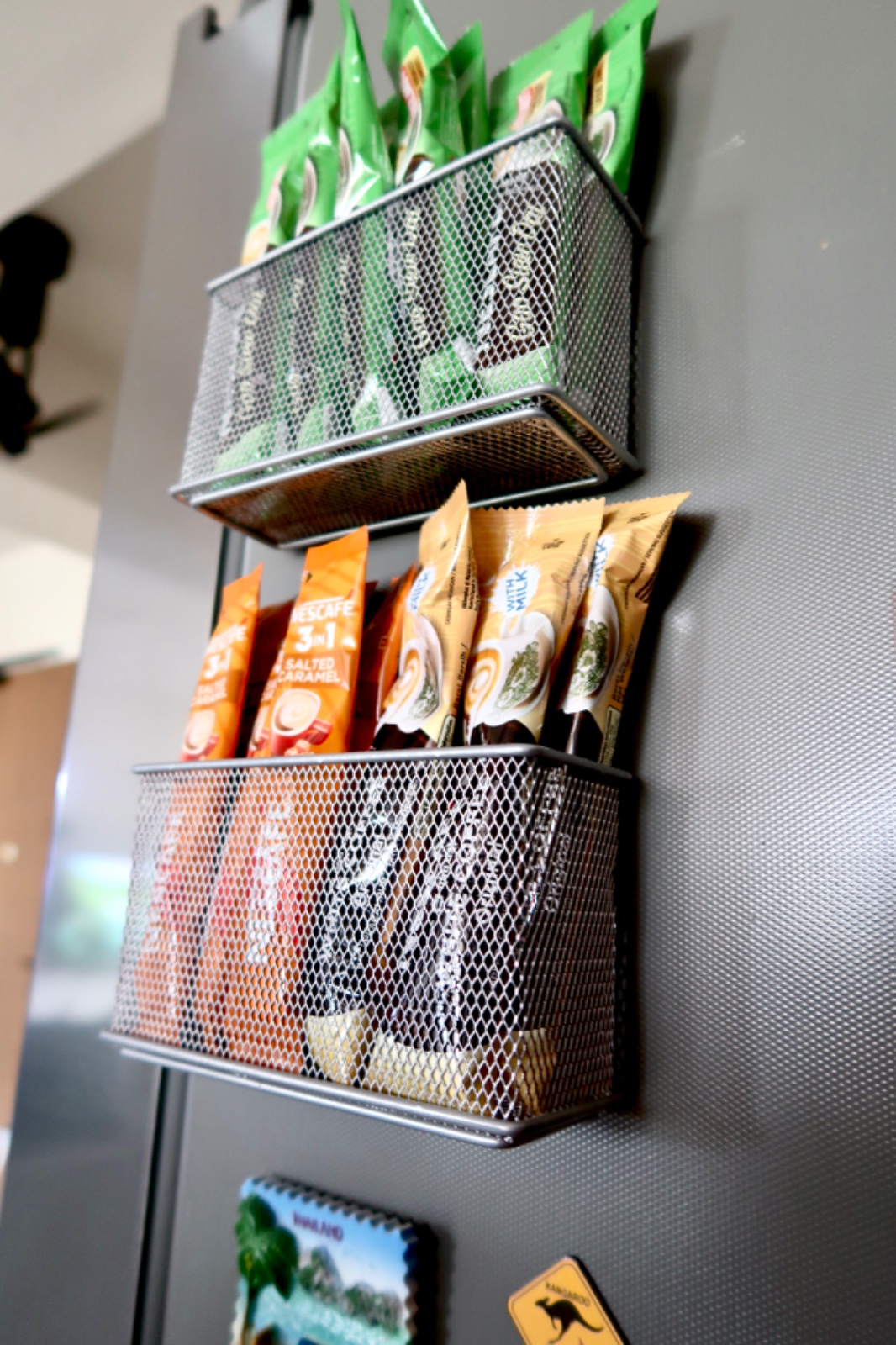 Small Kitchen, Big Ideas: How we minimised clutter in our tiny kitchen - wire mesh, metal rack, green bags, coffee packets