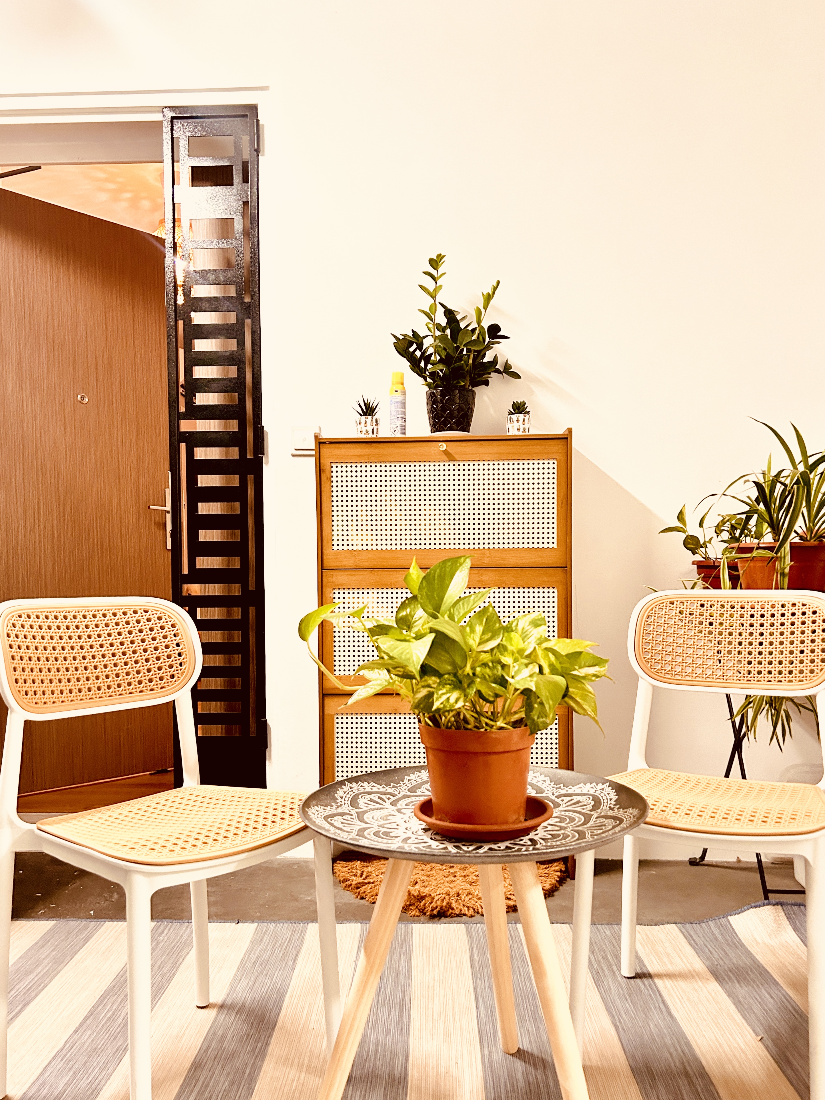 Less is More: A Minimalist Entryway with open space! - Wooden door, black lattice, indoor garden, potted plants, white
