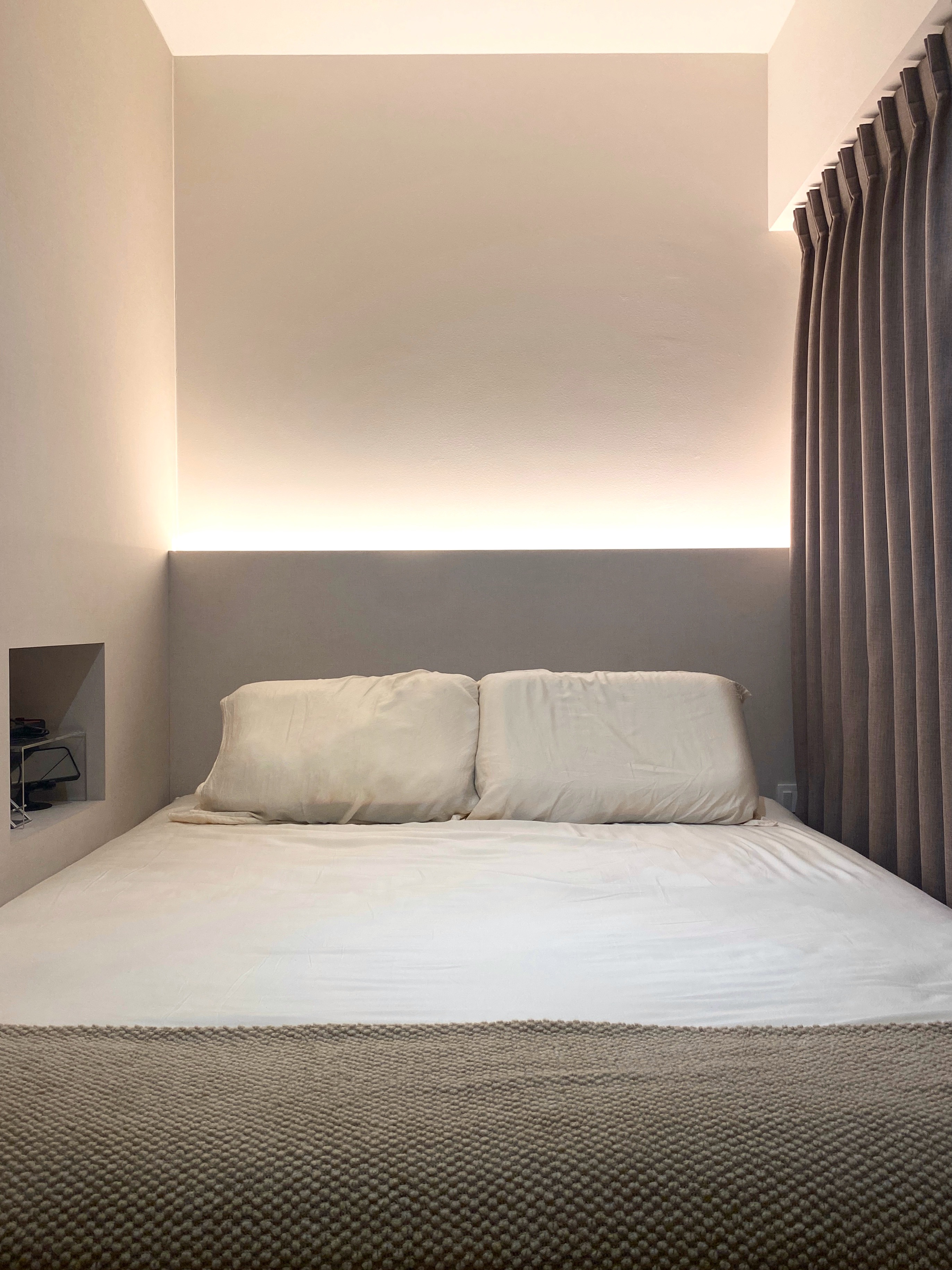 Bedroom: Maximizing Space with Platform Bed and Mini Walk in Wardrobe