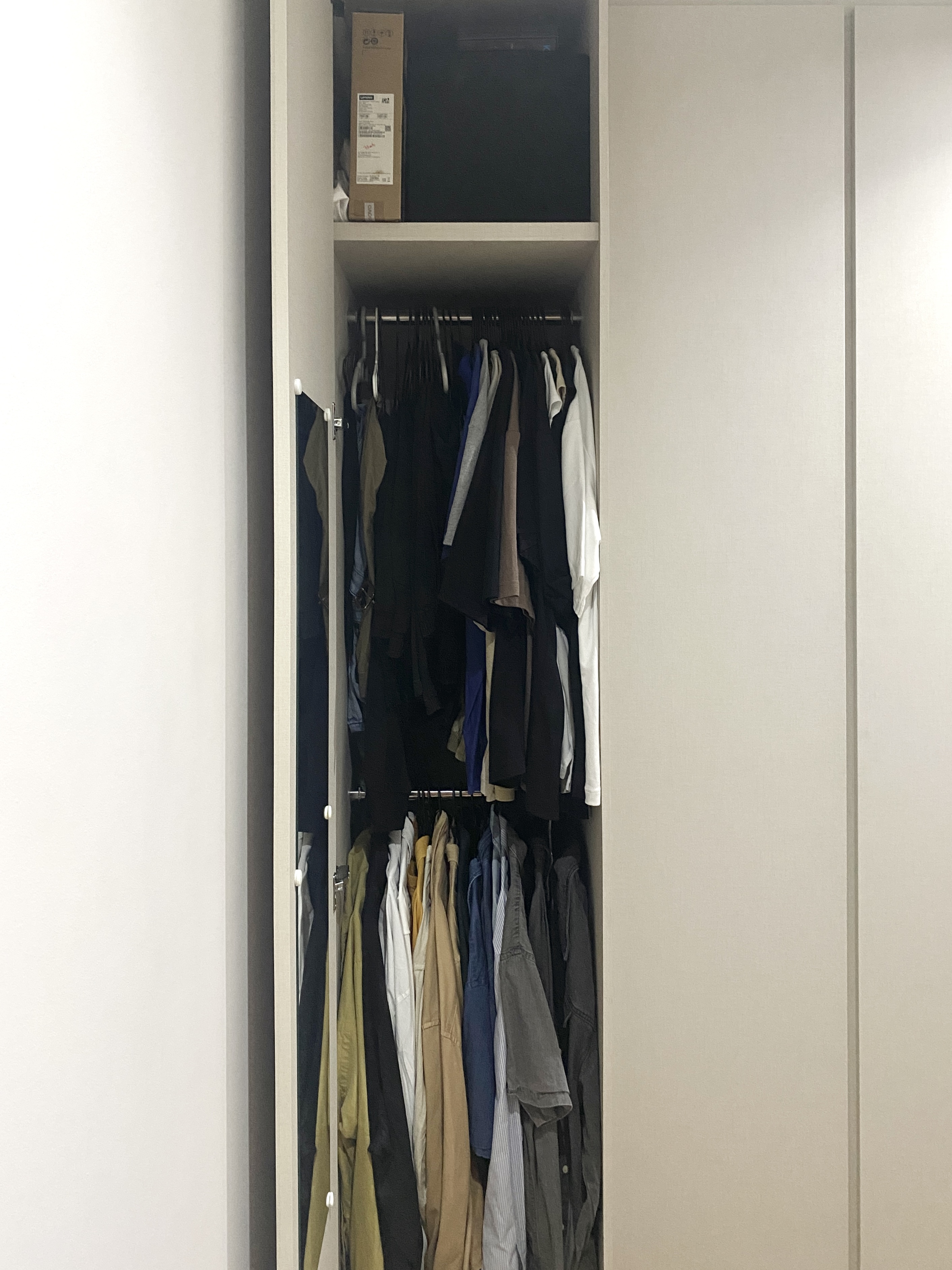 Bedroom: Maximizing Space with Platform Bed and Mini Walk in Wardrobe