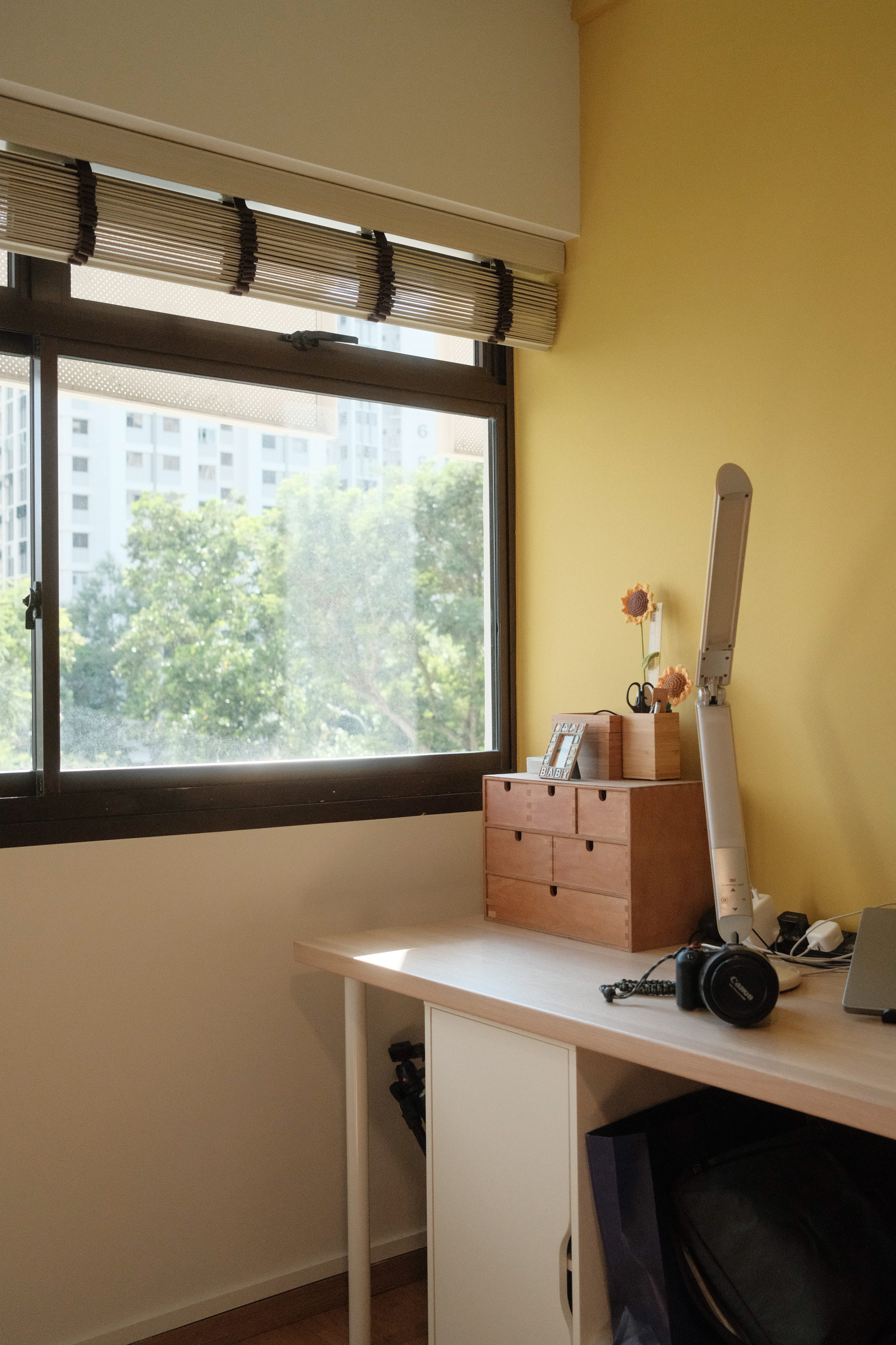 A Bright Workspace: Our Spacious Study with a Yellow Glow