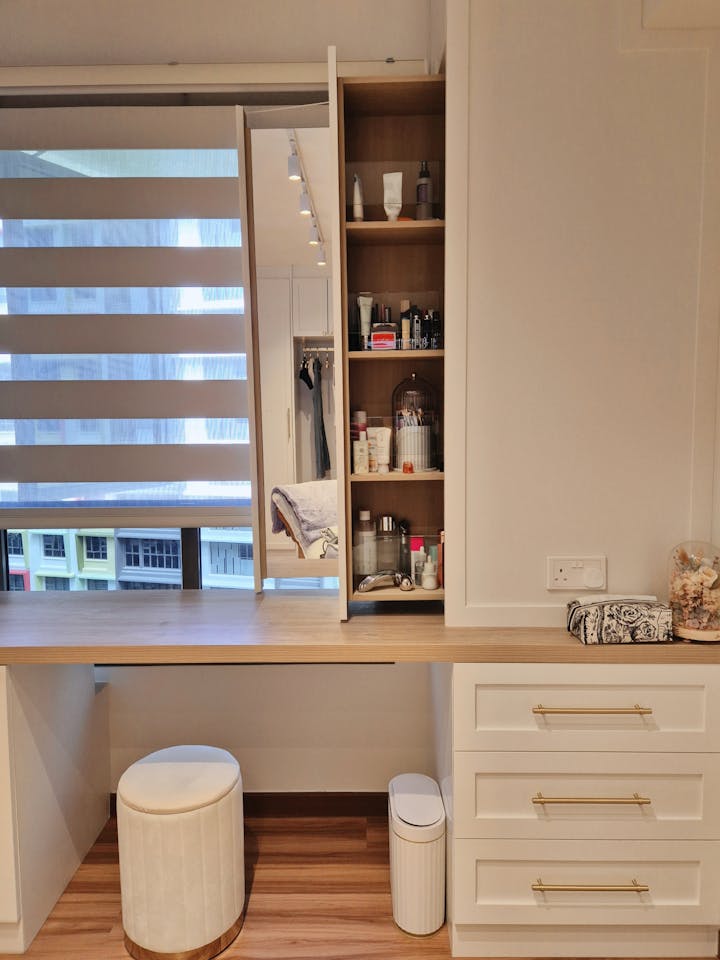 Our vanity area: tailored for style and storage