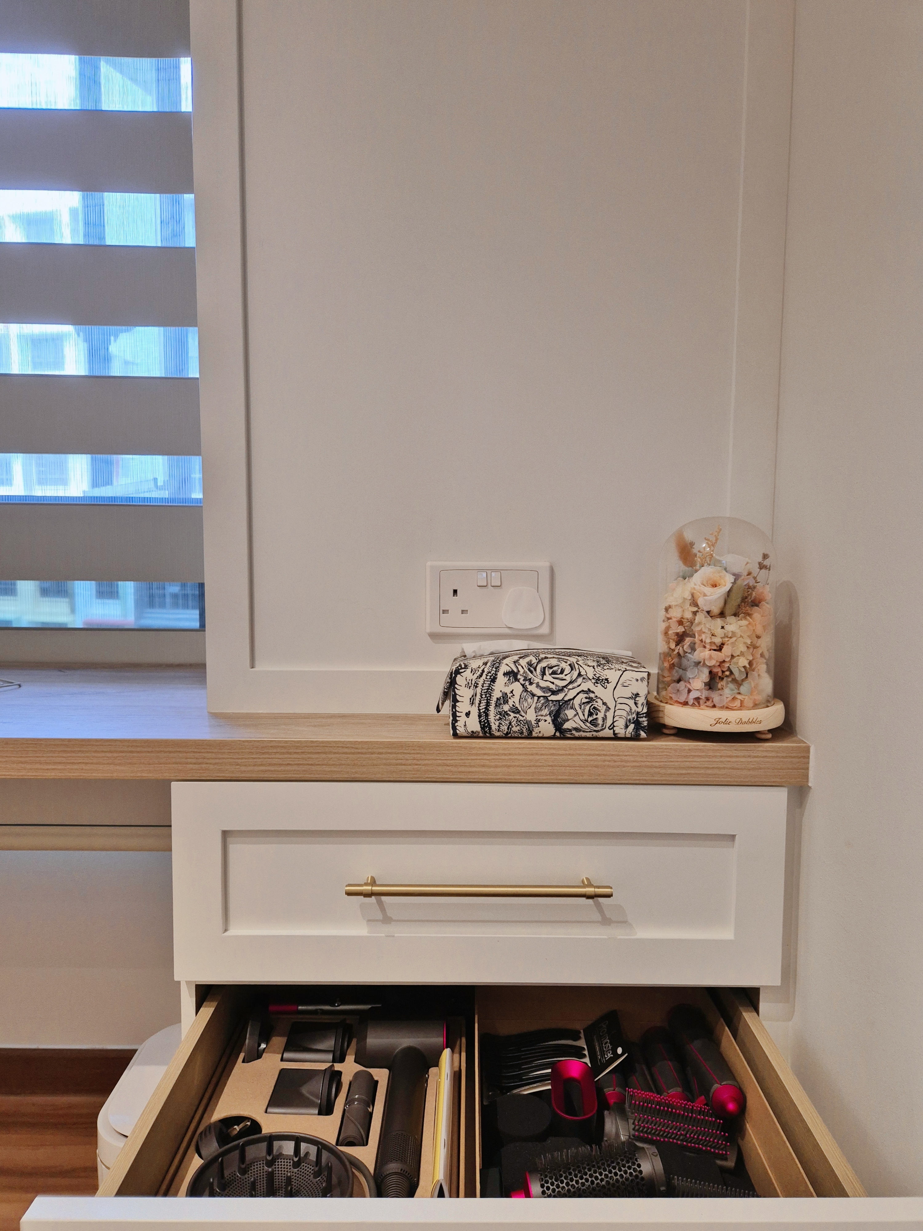 Our vanity area: tailored for style and storage