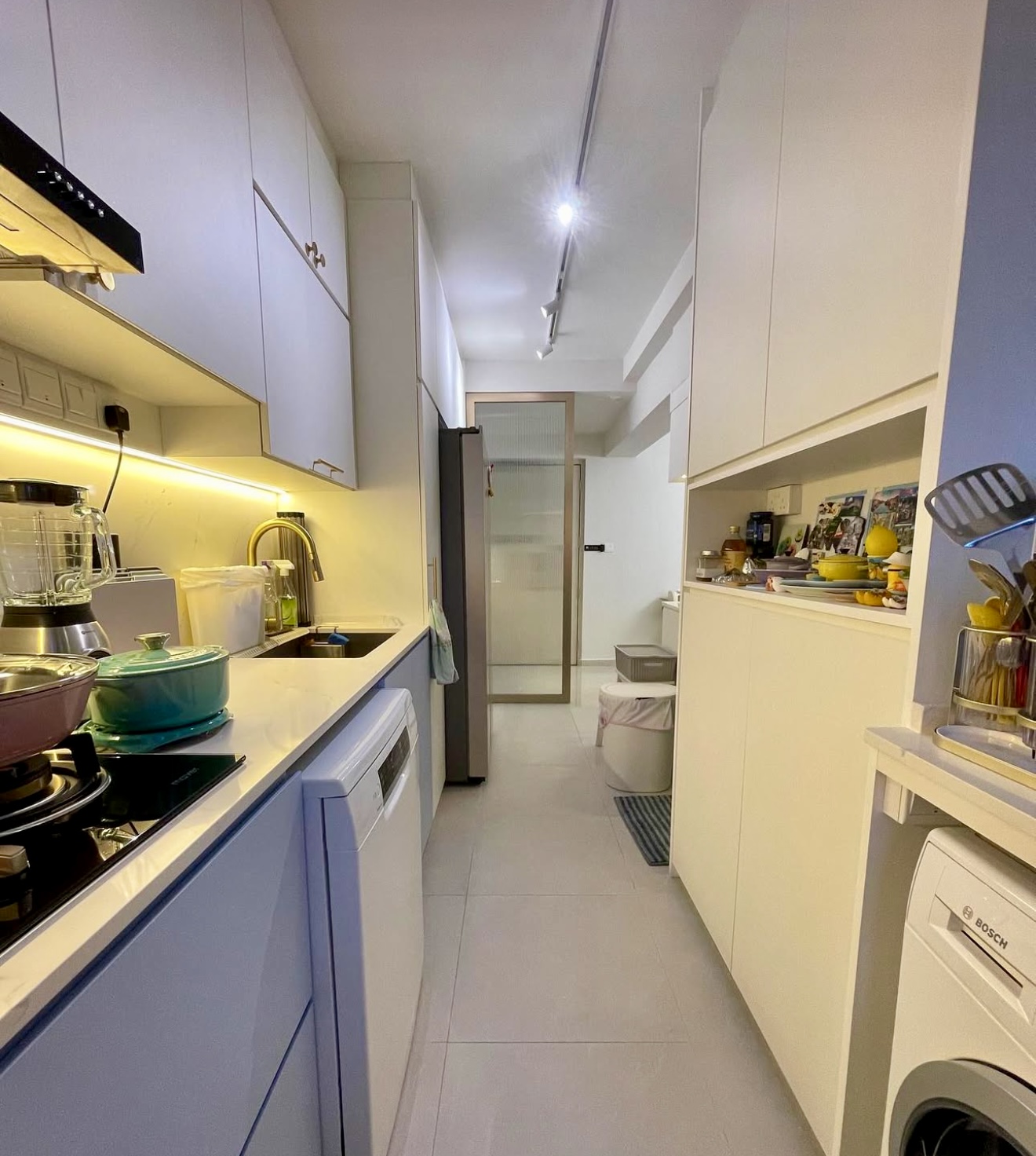 Welcome to our dreamy blue hydrangea-inspired kitchen with city view