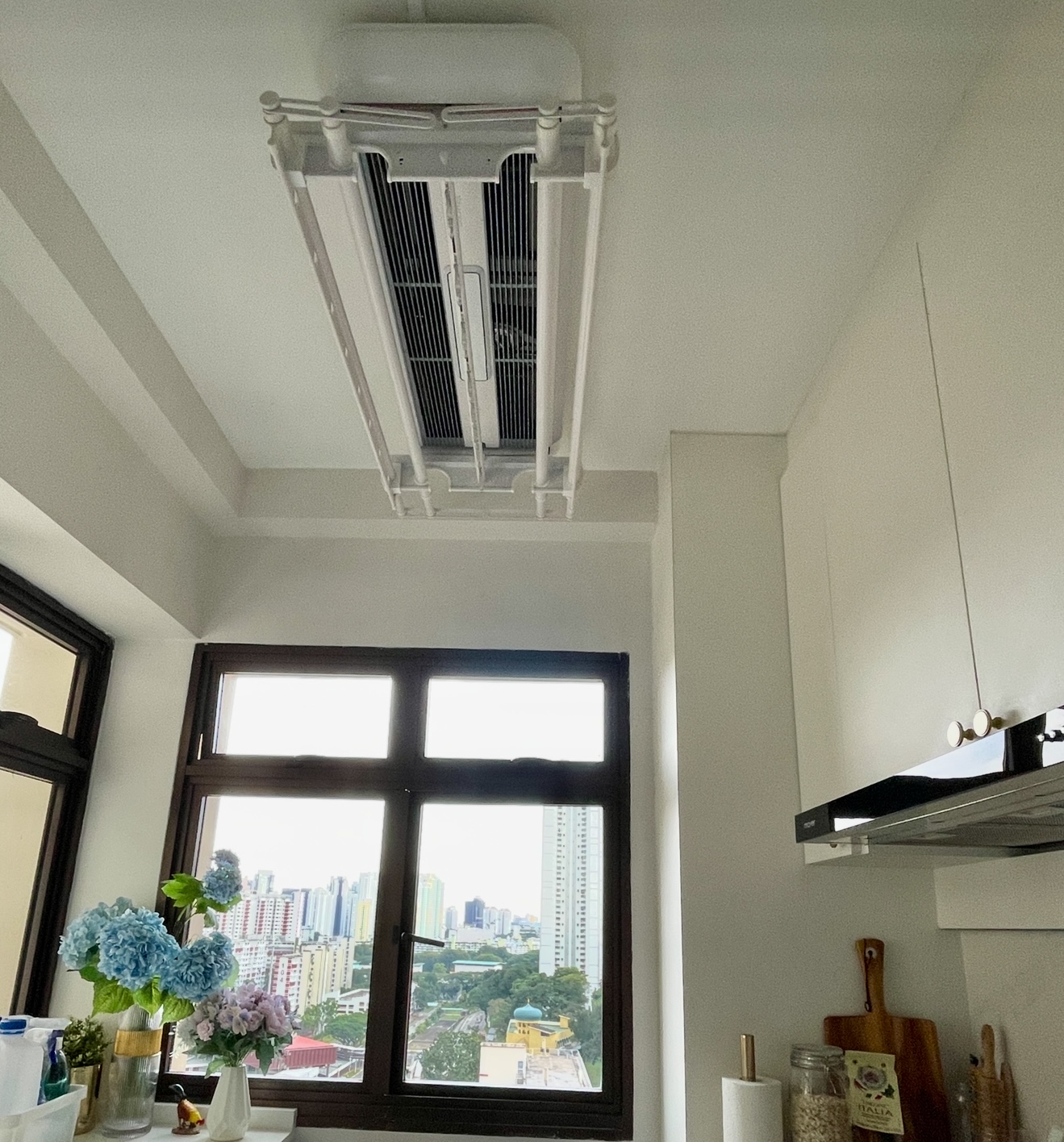 Welcome to our dreamy blue hydrangea-inspired kitchen with city view