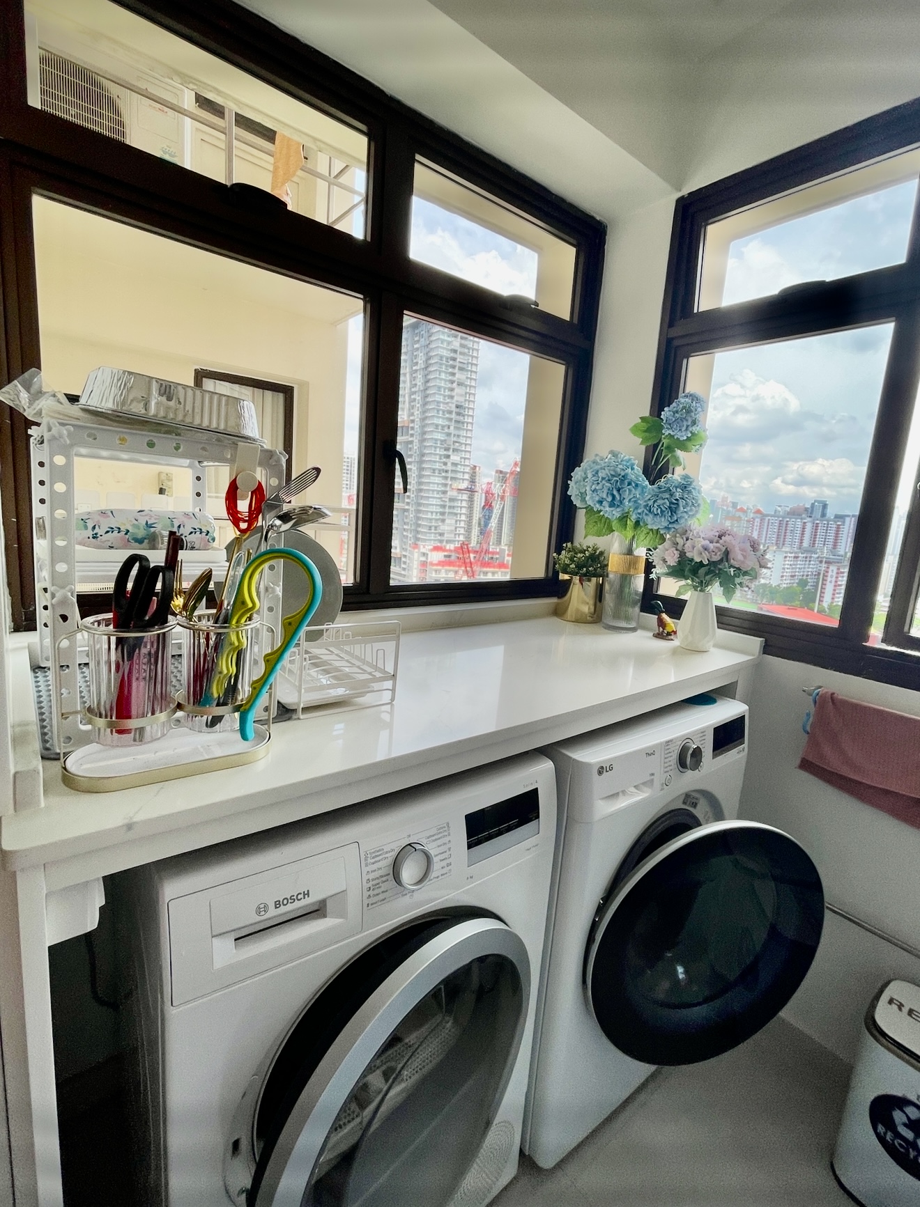 Welcome to our dreamy blue hydrangea-inspired kitchen with city view