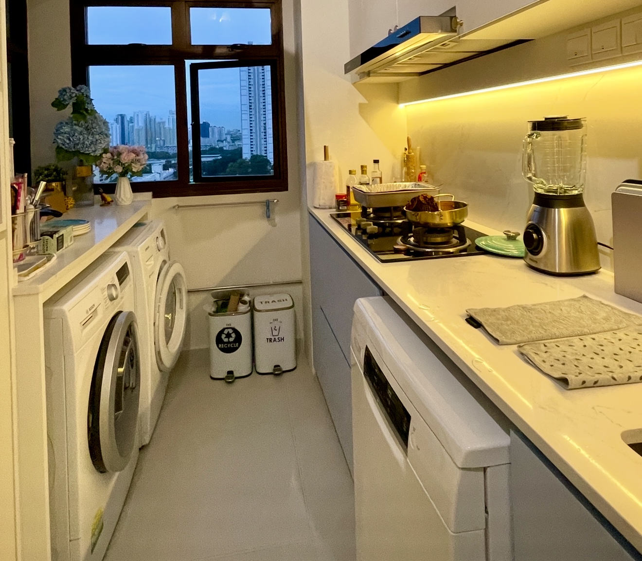 Welcome to our dreamy blue hydrangea-inspired kitchen with city view