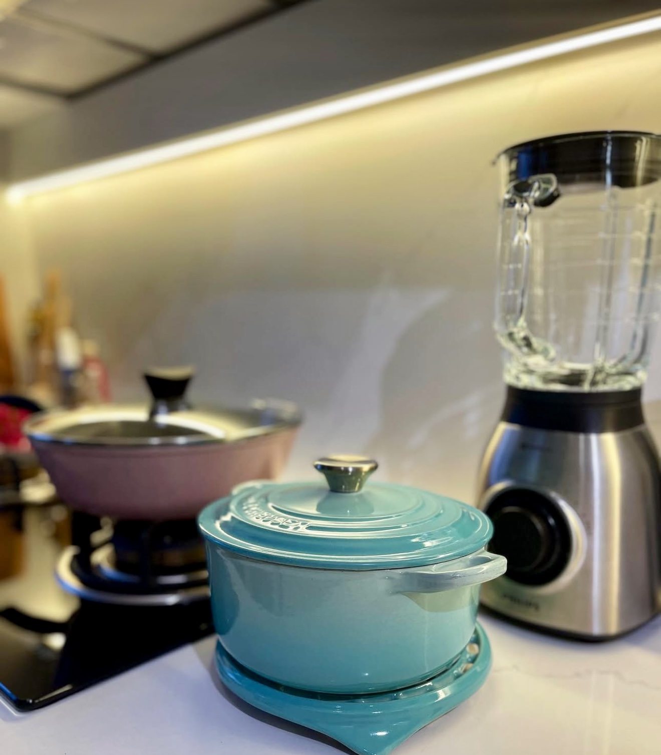 Welcome to our dreamy blue hydrangea-inspired kitchen with city view