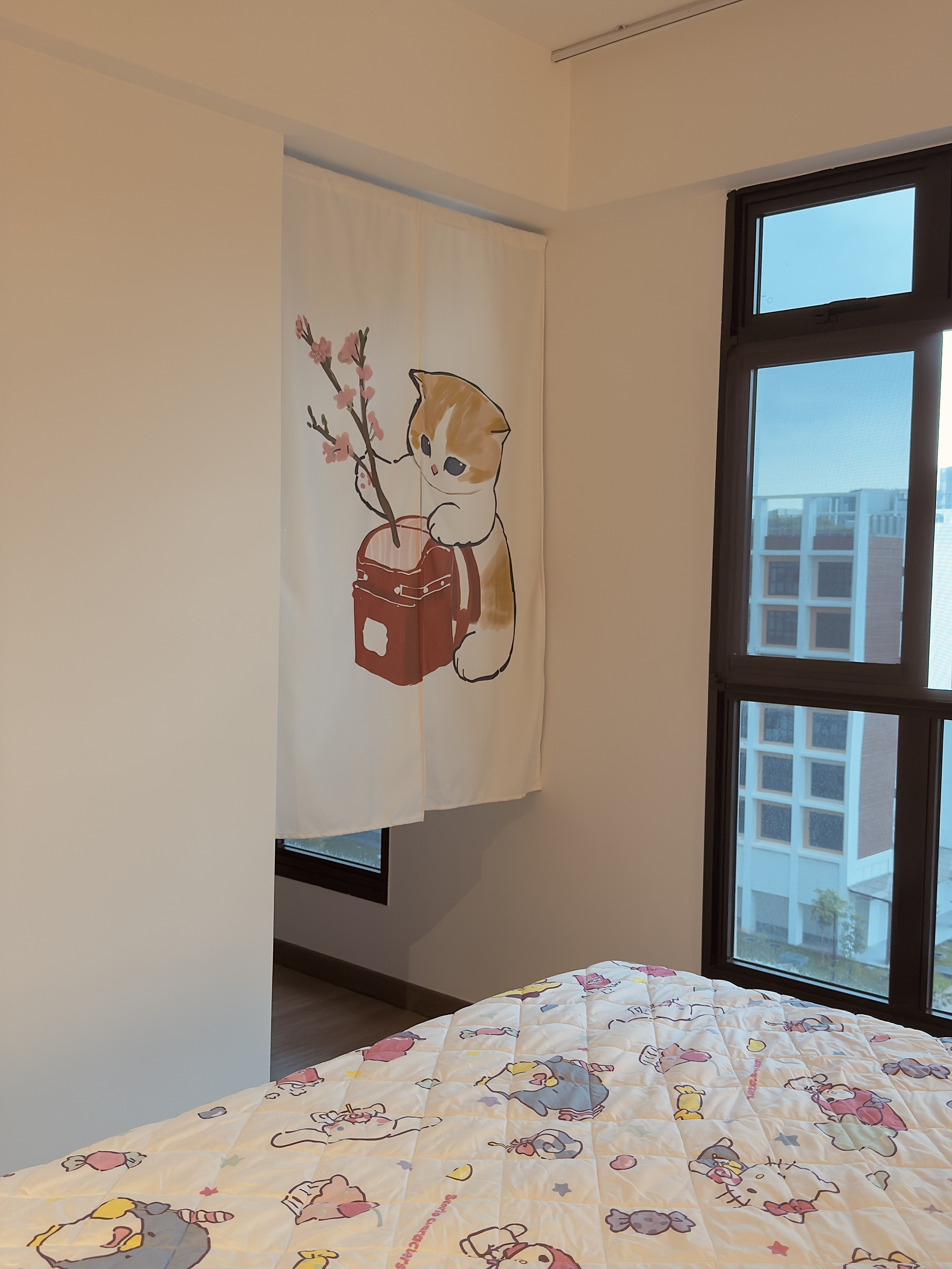 A modern master bedroom in our Japandi themed apartment