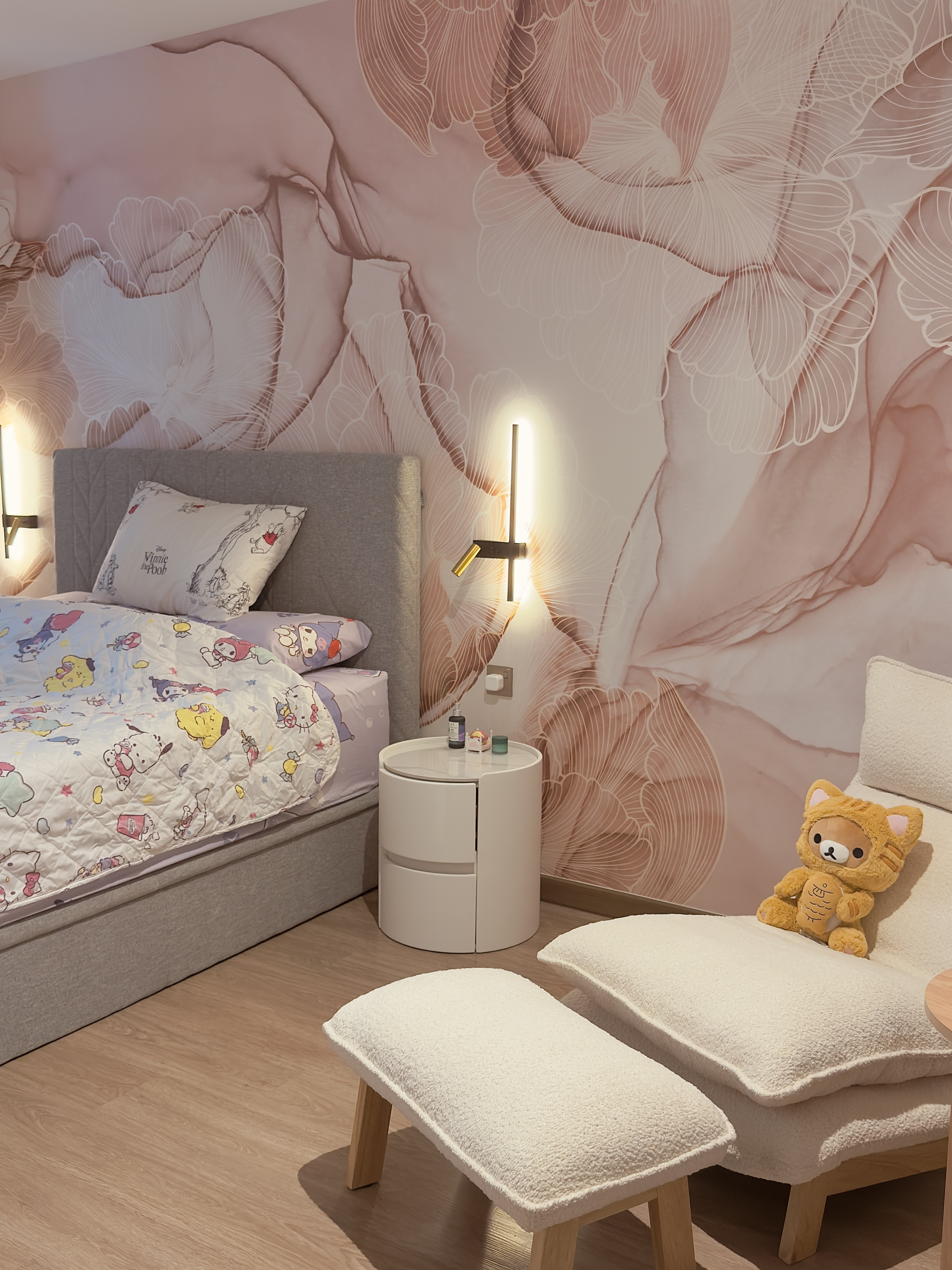 A modern master bedroom in our Japandi themed apartment