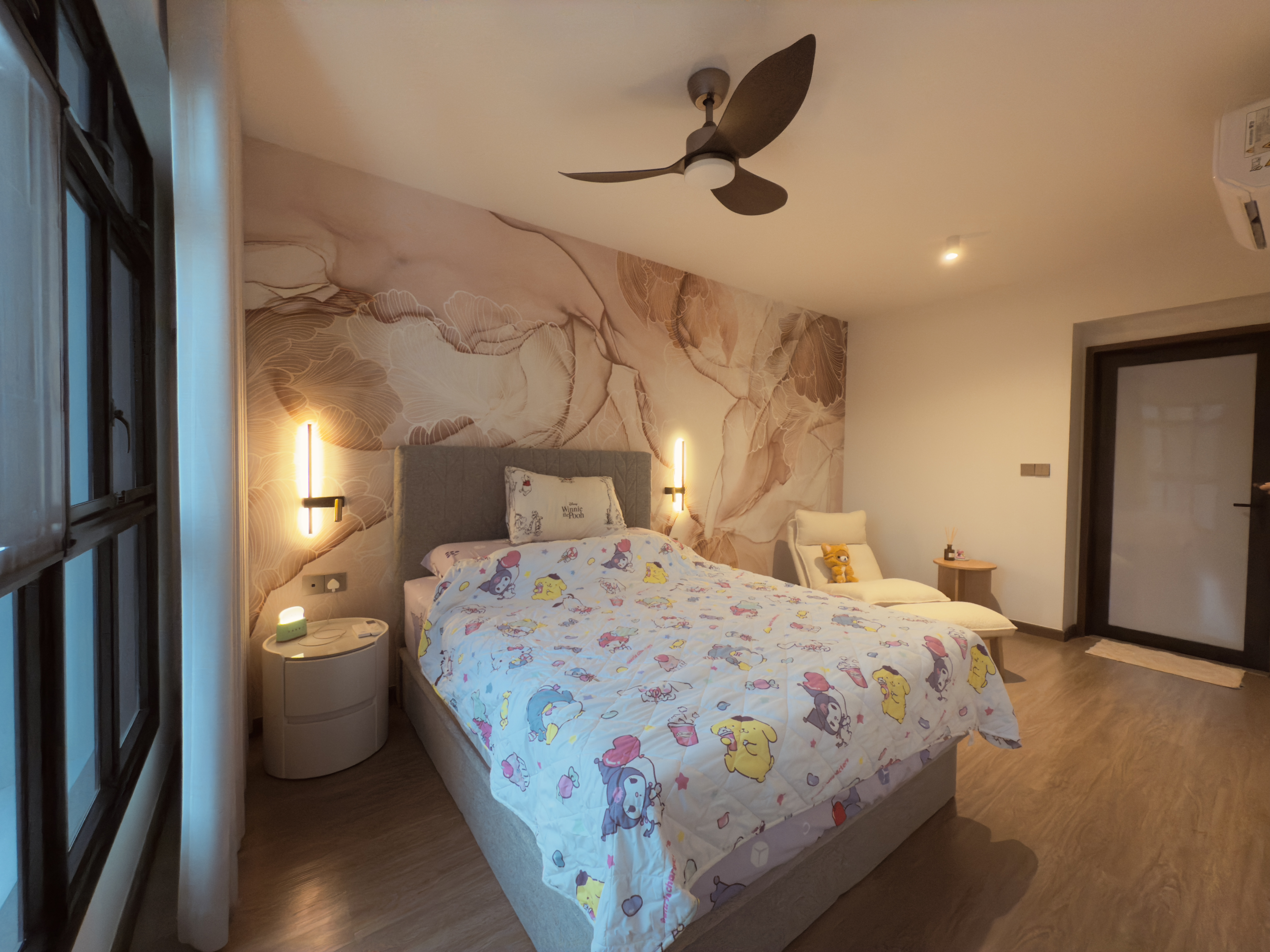 A modern master bedroom in our Japandi themed apartment