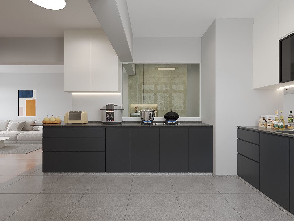 Renders VS Reality | Monochrome Open-Concept Kitchen | Tampines