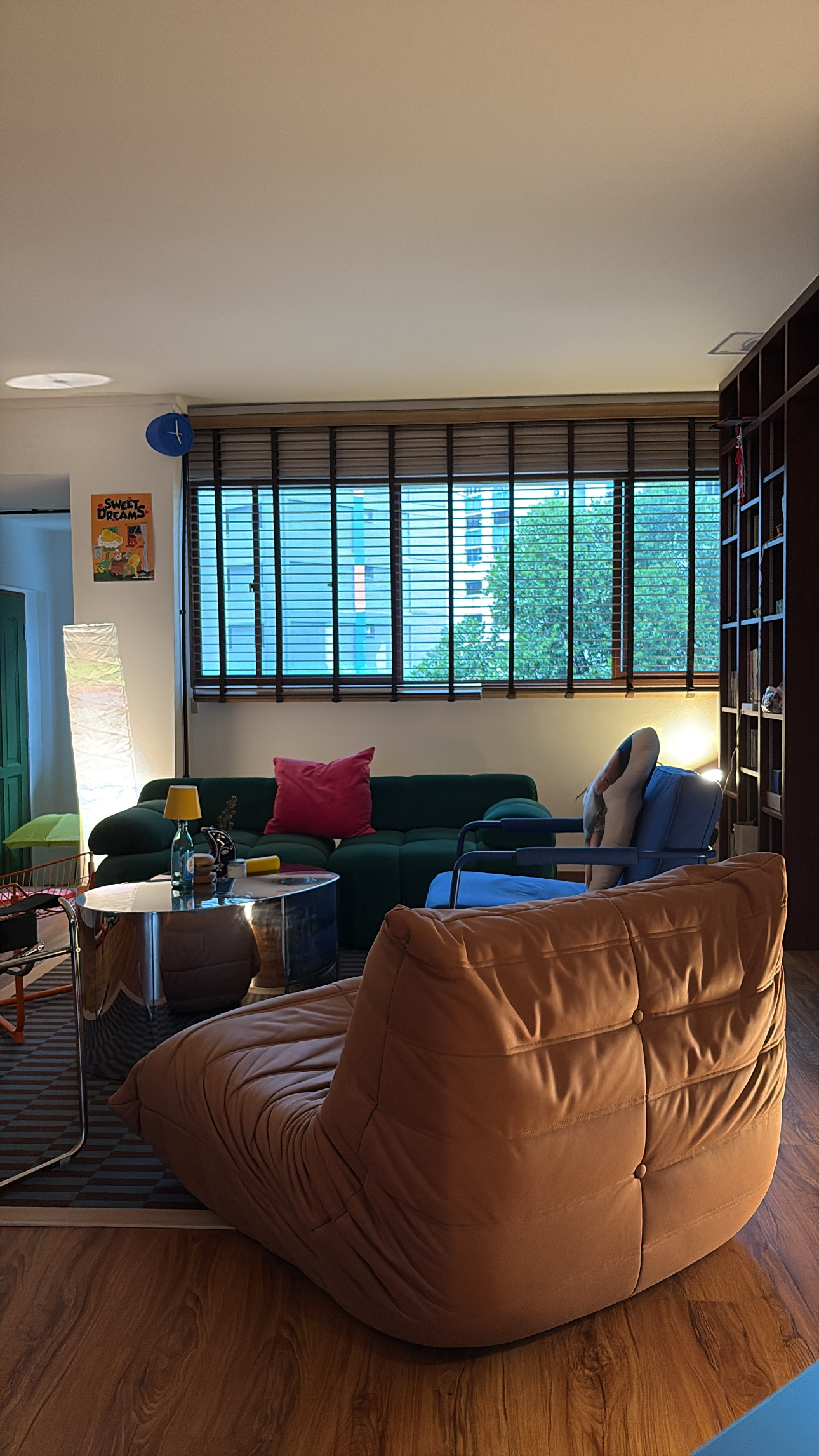 A living room without a TV console