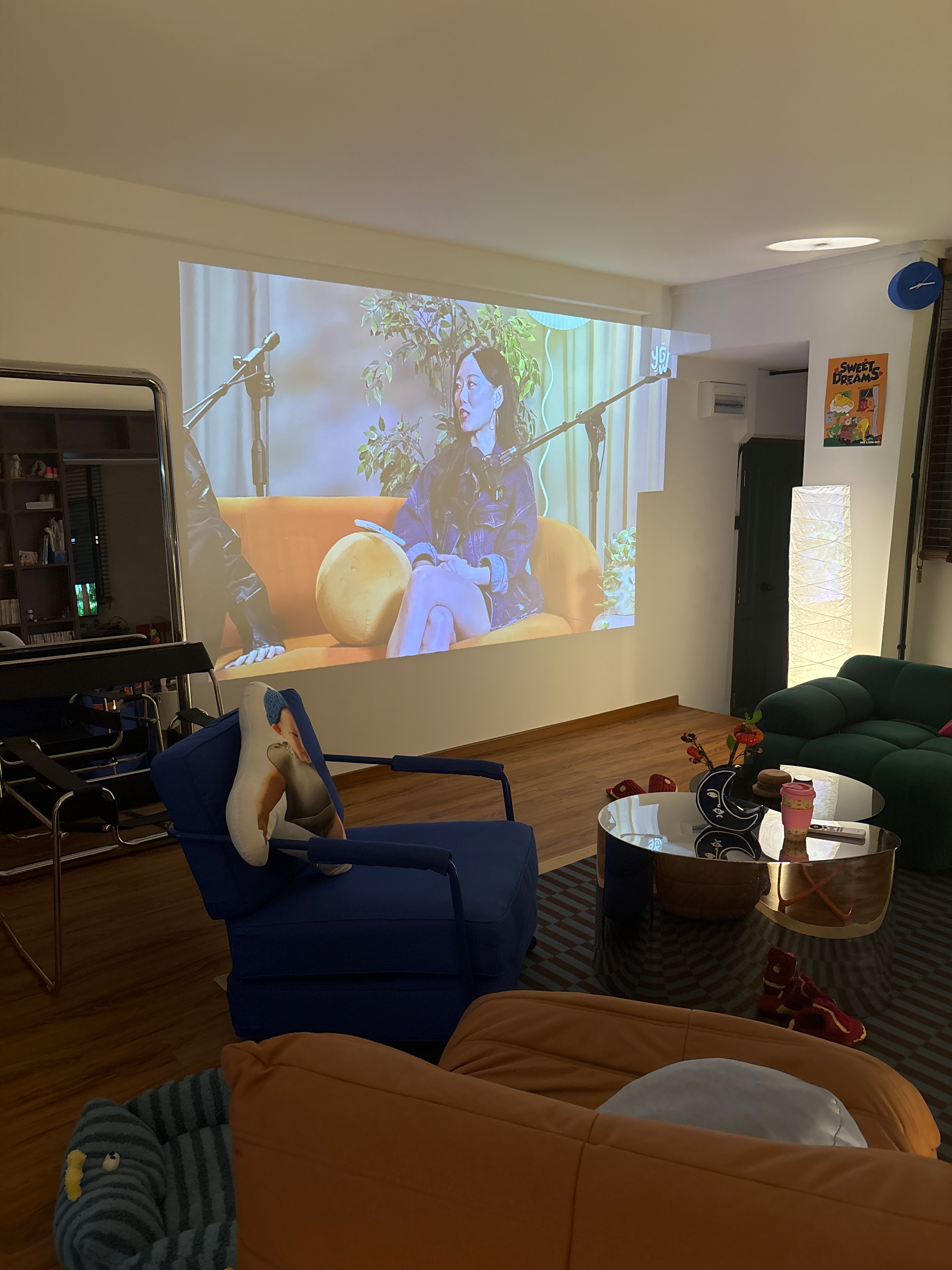 A living room without a TV console