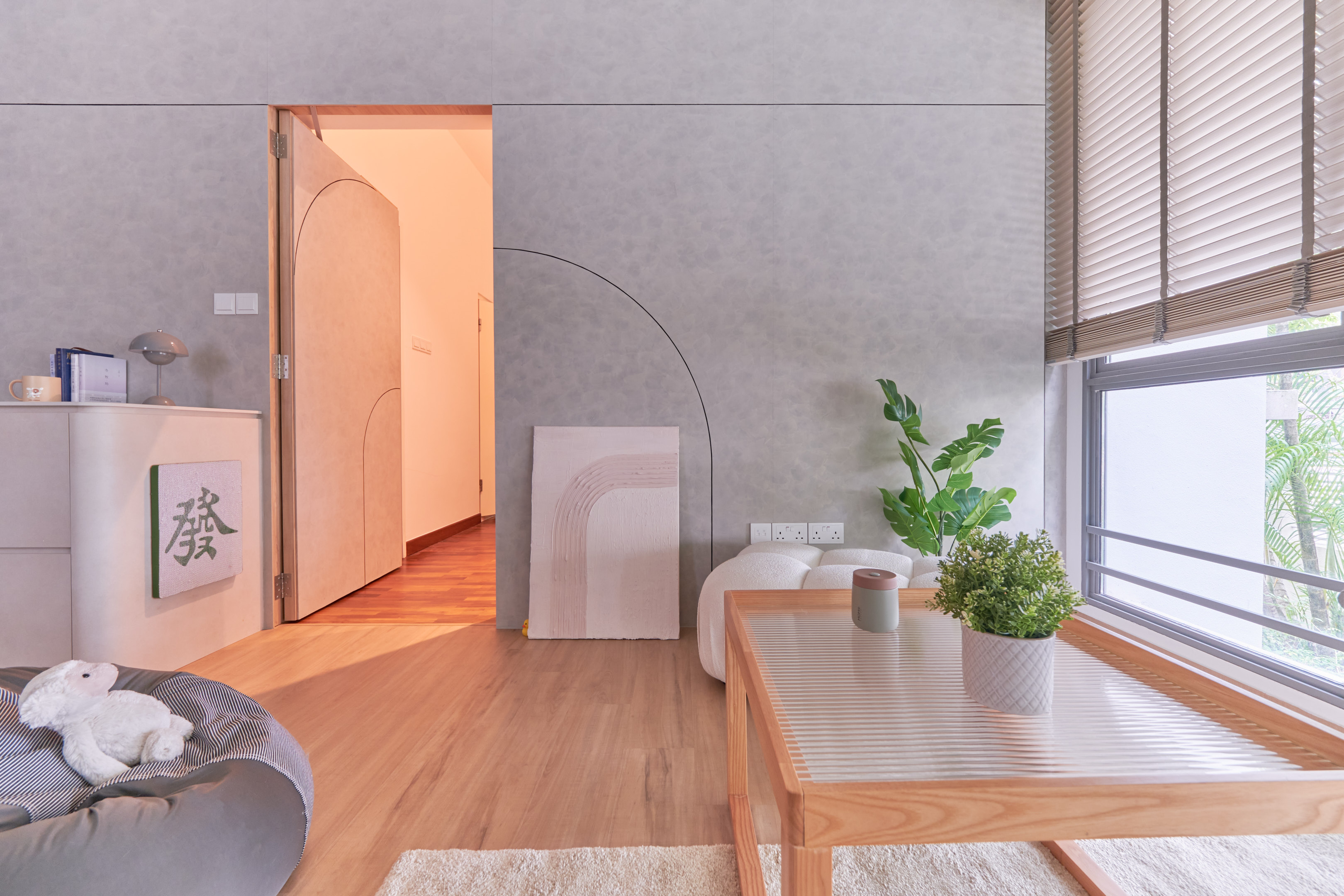 Japandi interior with light wood elements