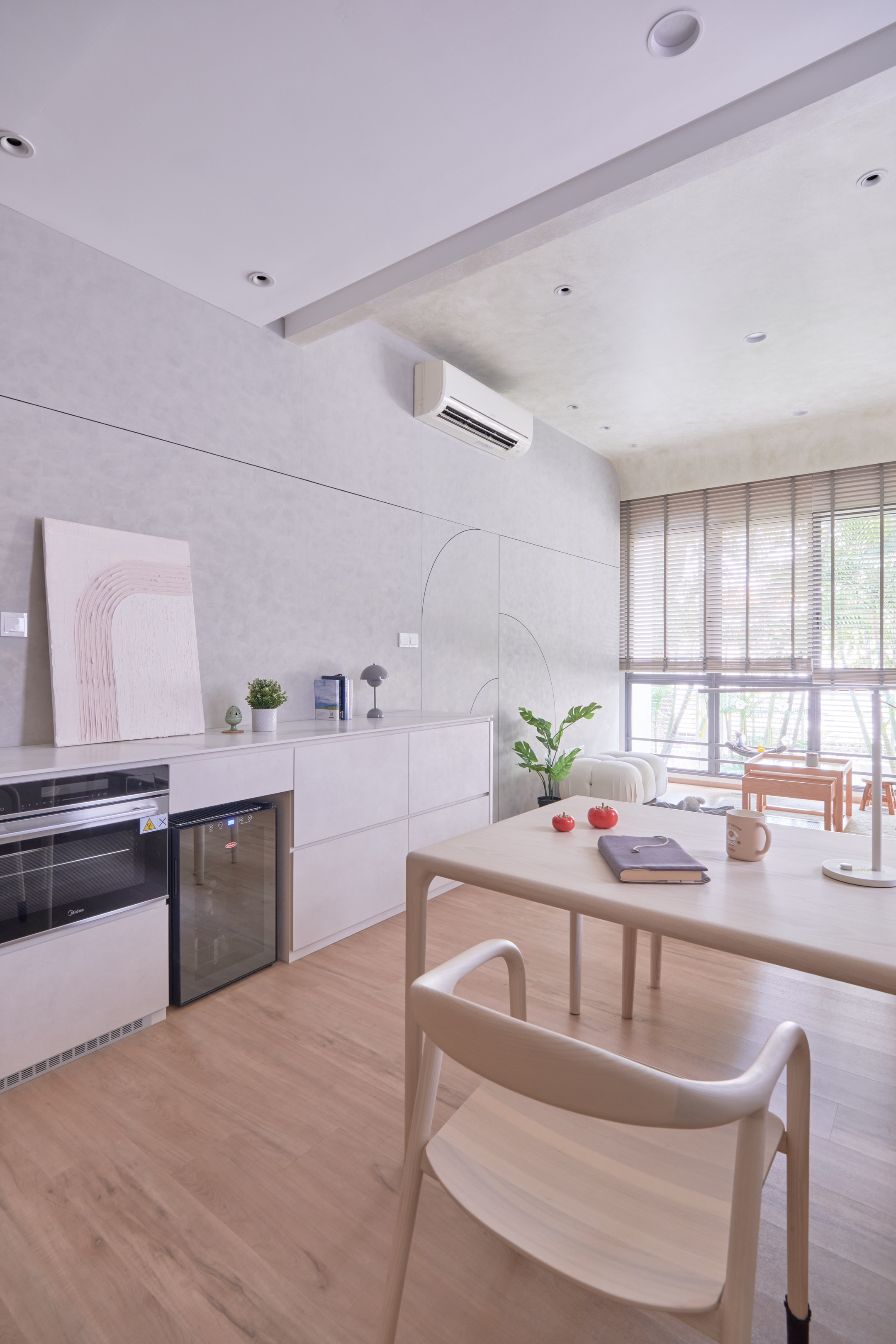 Japandi interior with light wood elements