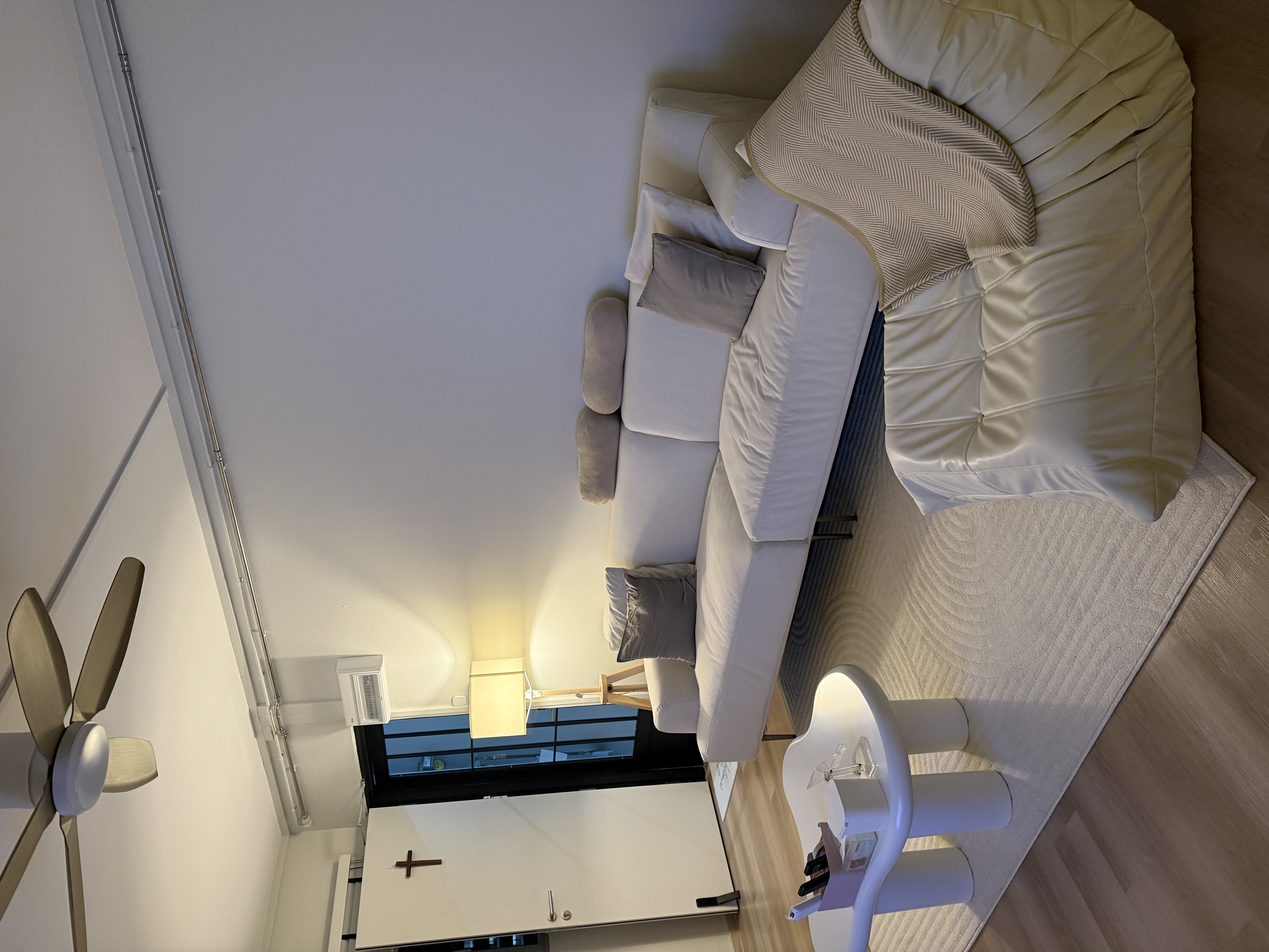 This living room blends minimalist design with warm, natural touches.