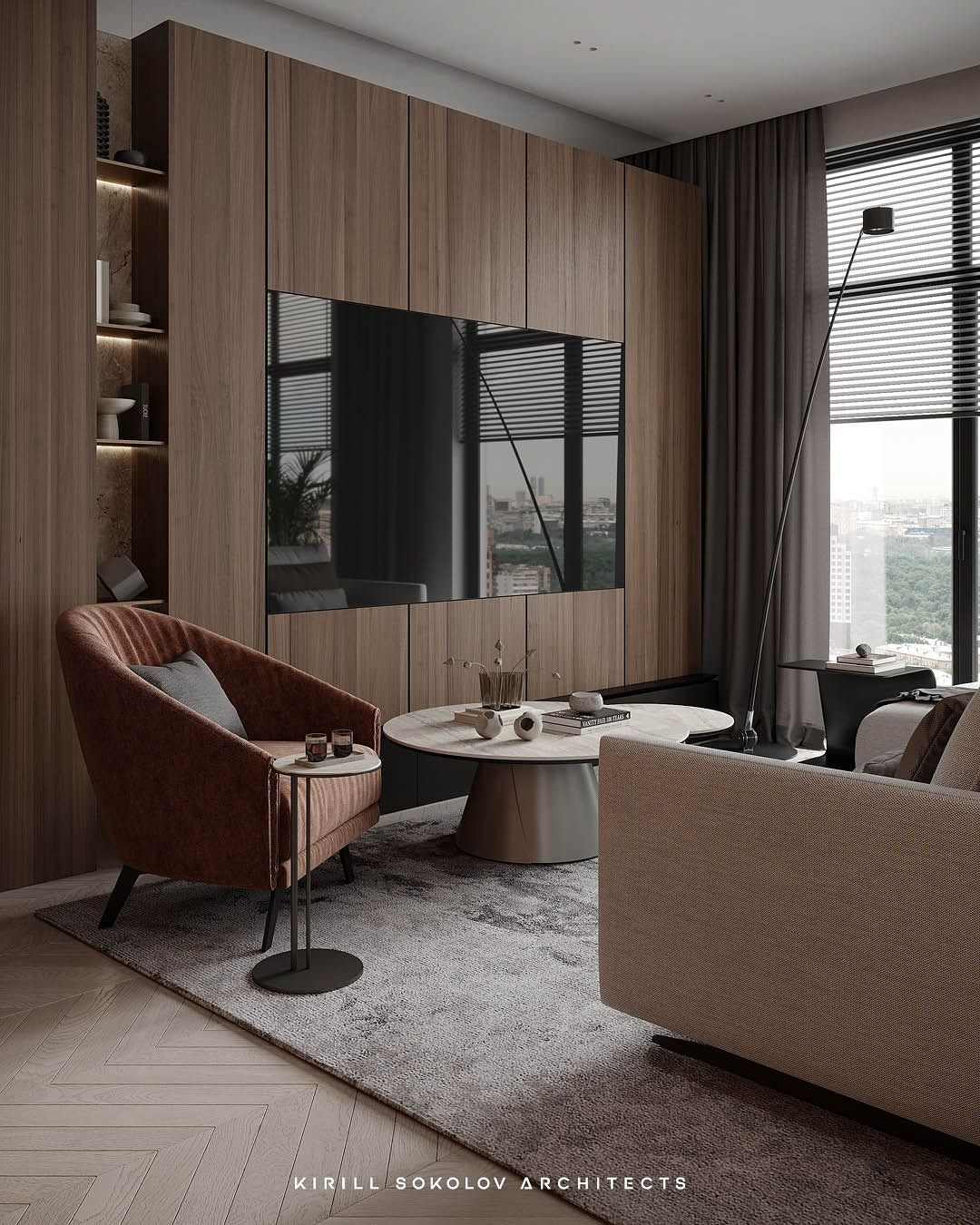 Stylish living room and dry kitchen