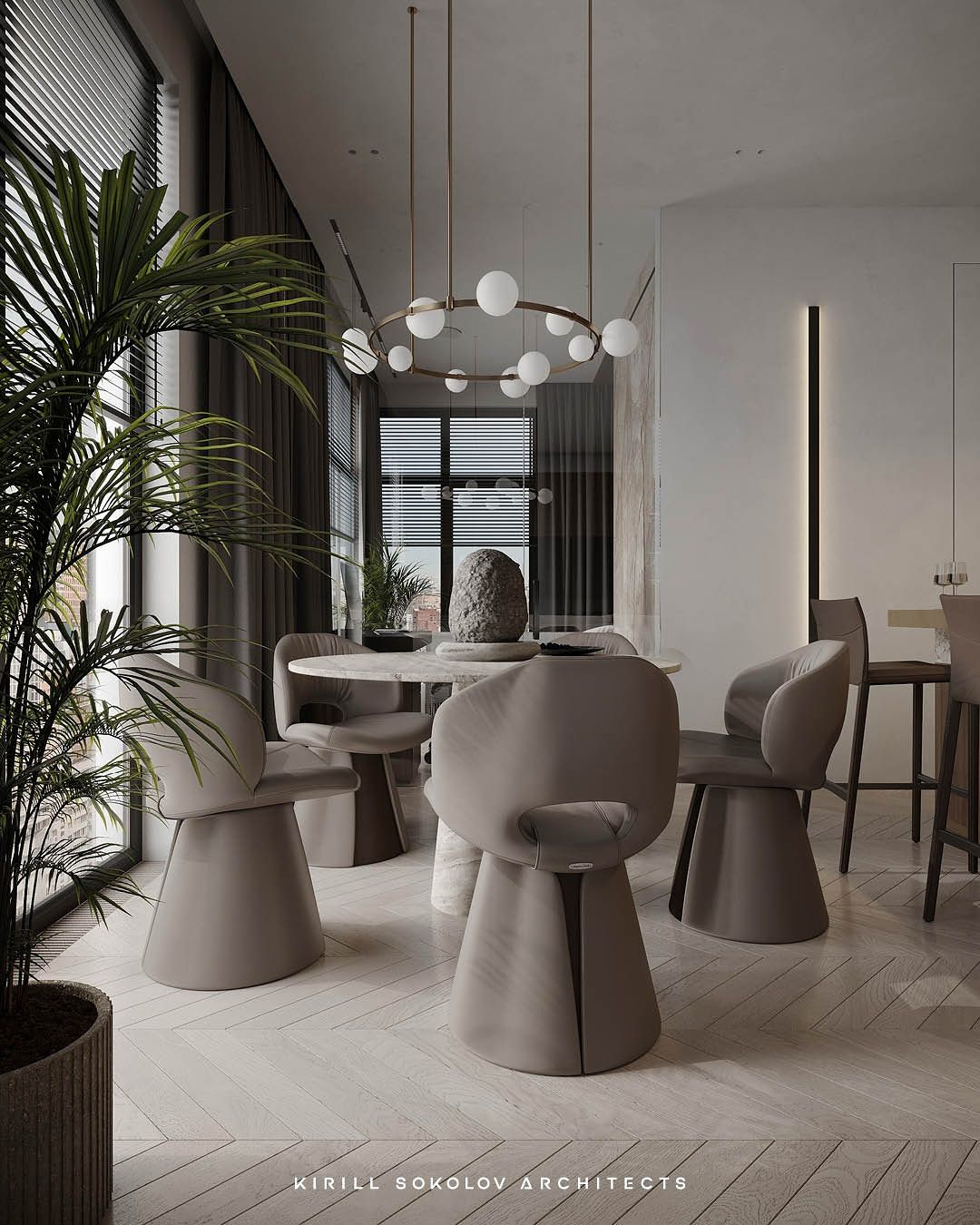 Stylish living room and dry kitchen