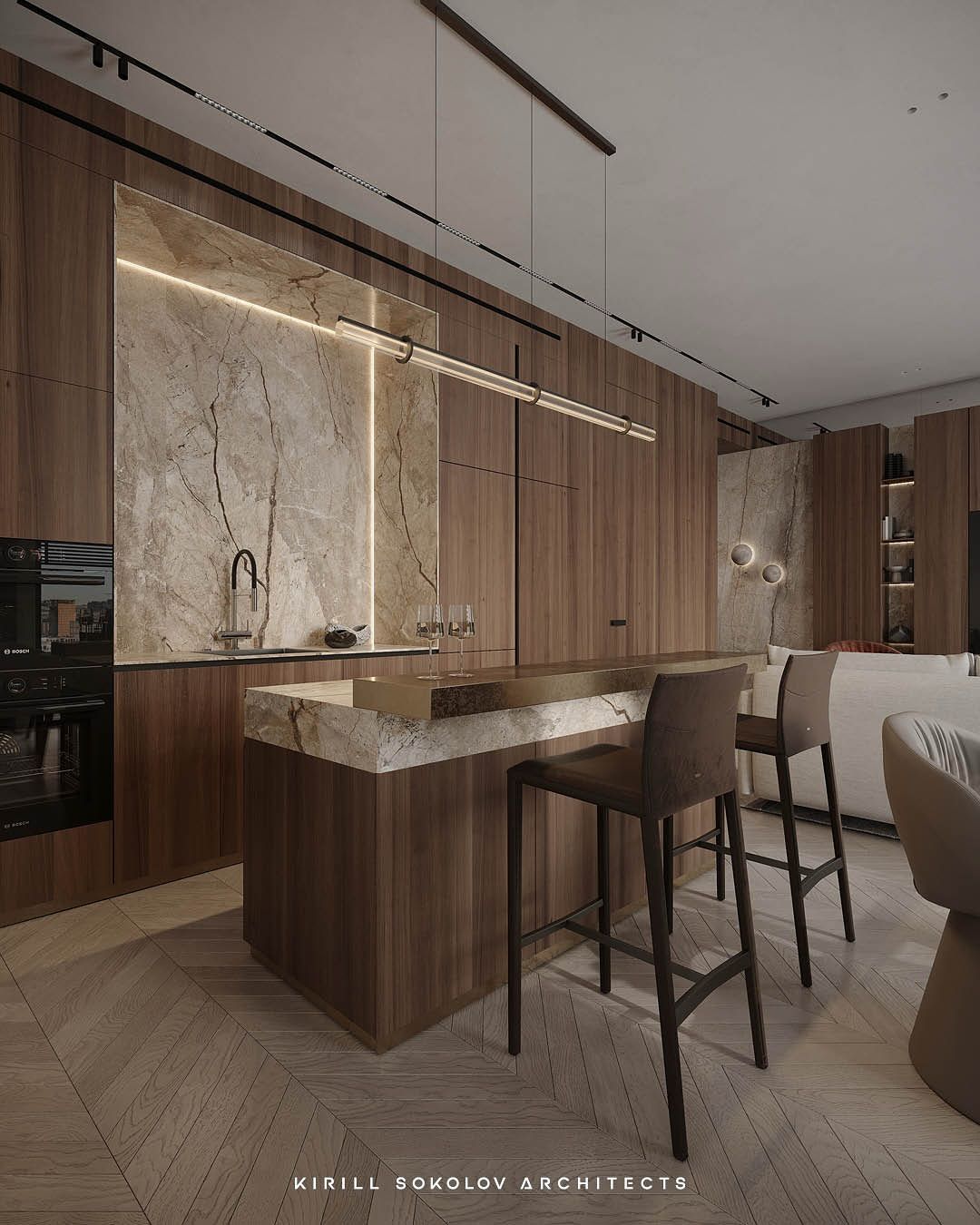 Stylish living room and dry kitchen