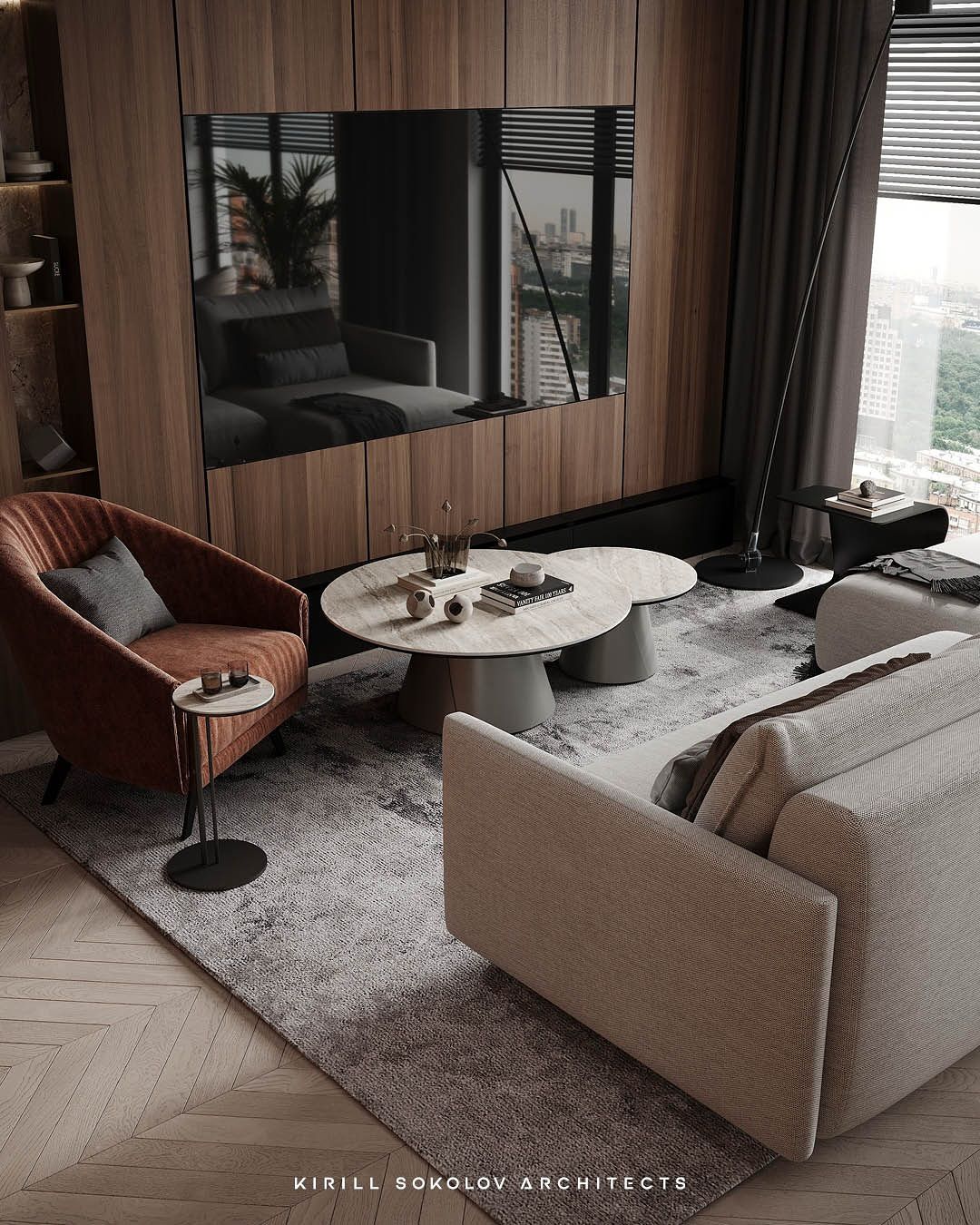 Stylish living room and dry kitchen