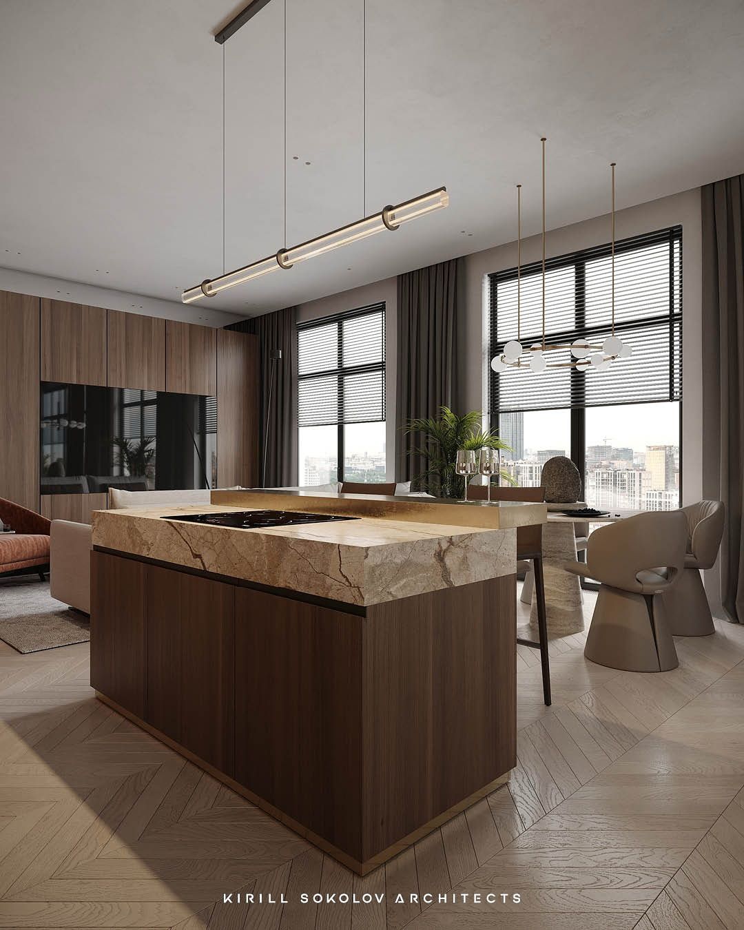 Stylish living room and dry kitchen