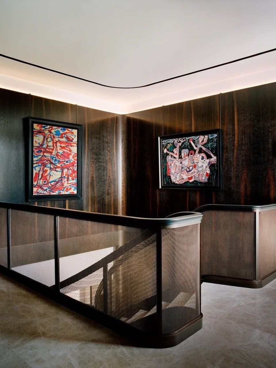 Luxe staircase design details with metal grille