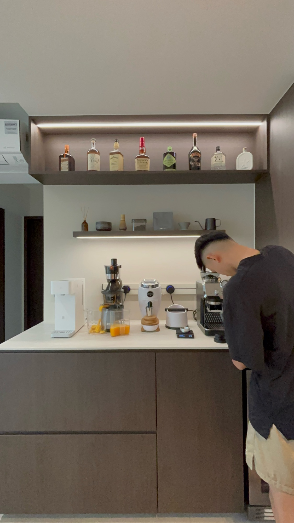 Coffee in the day, bar at night.