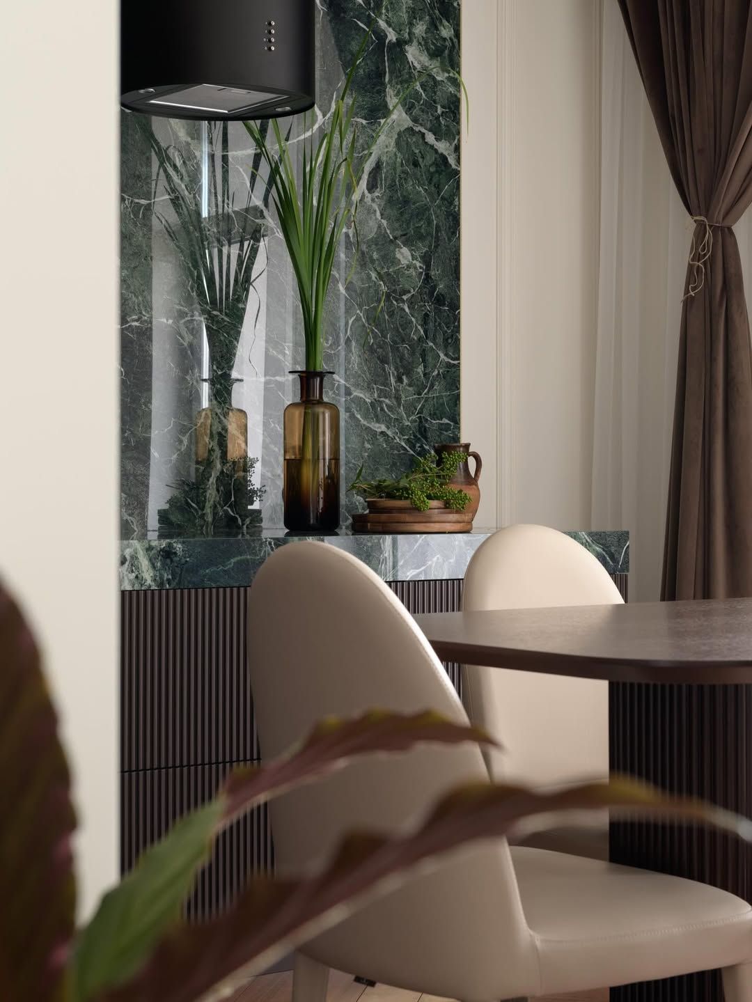 Luxe dining room with marble niche