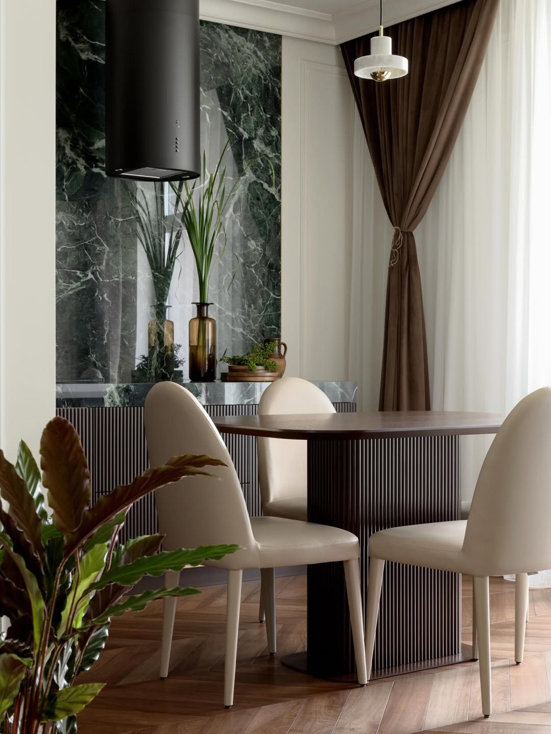 Luxe dining room with marble niche
