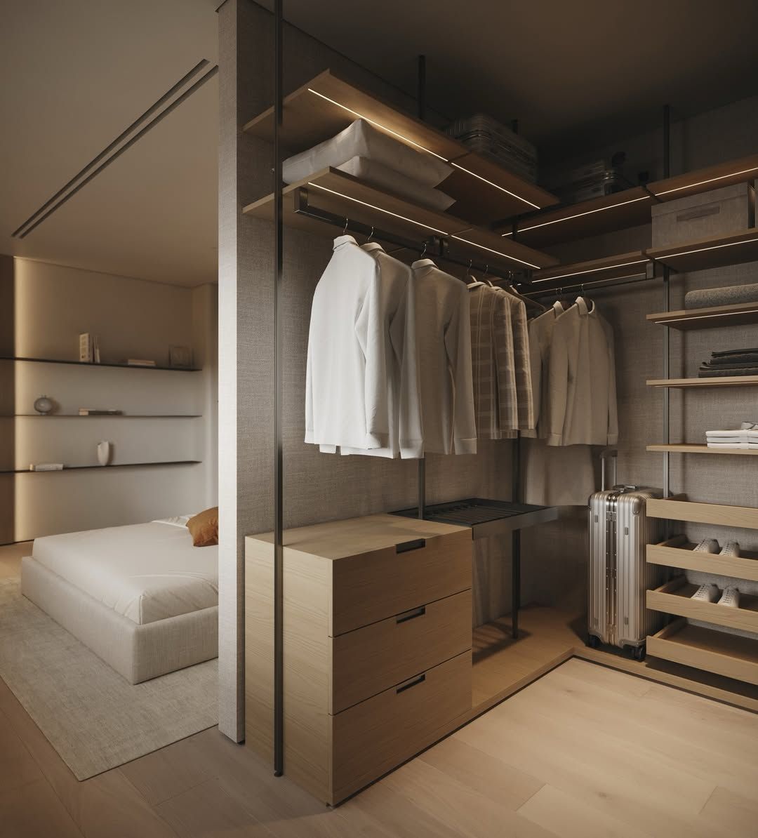Stylish, sophisticated walk in wardrobe