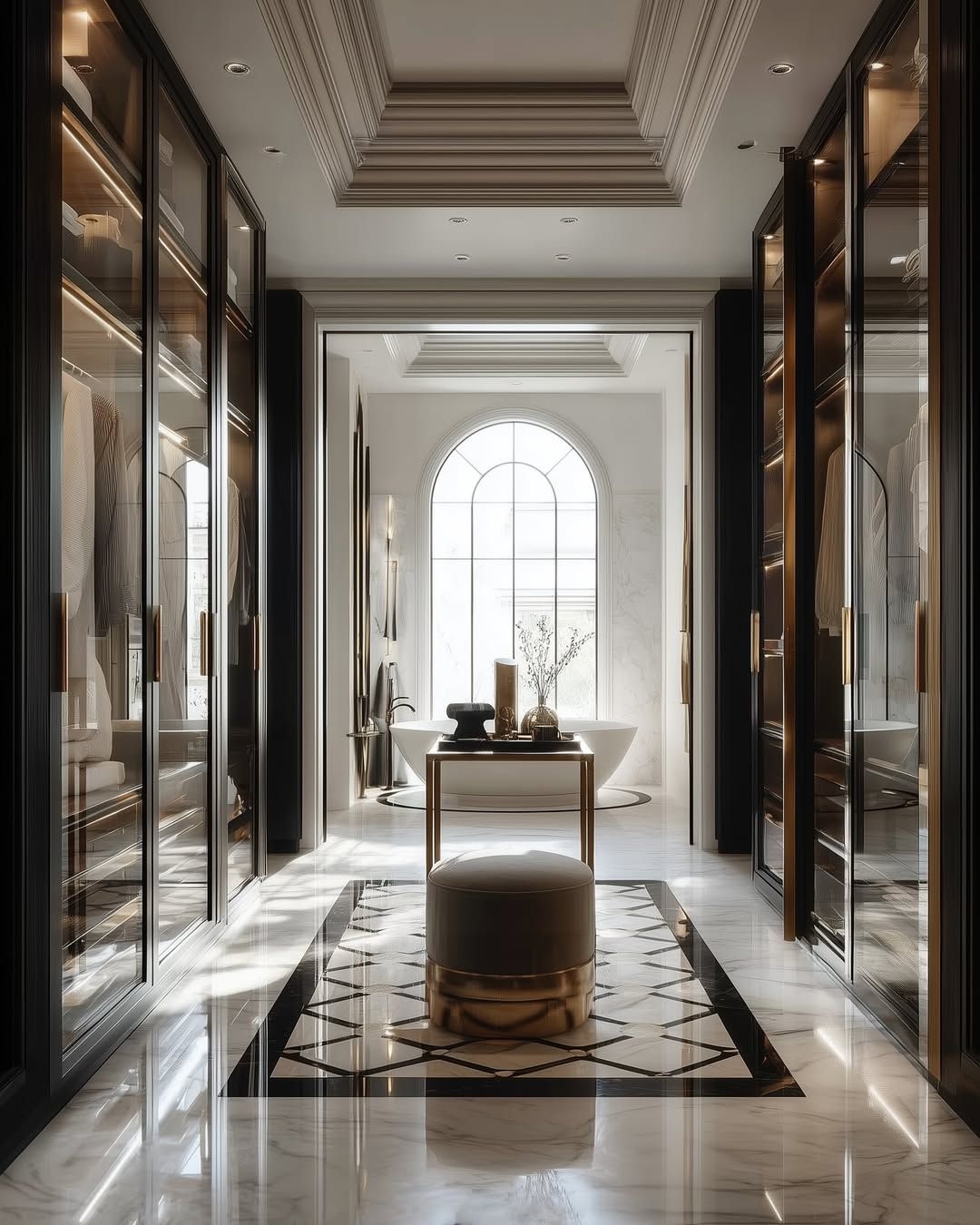 Luxurious walk in wardrobe & bathroom combination design