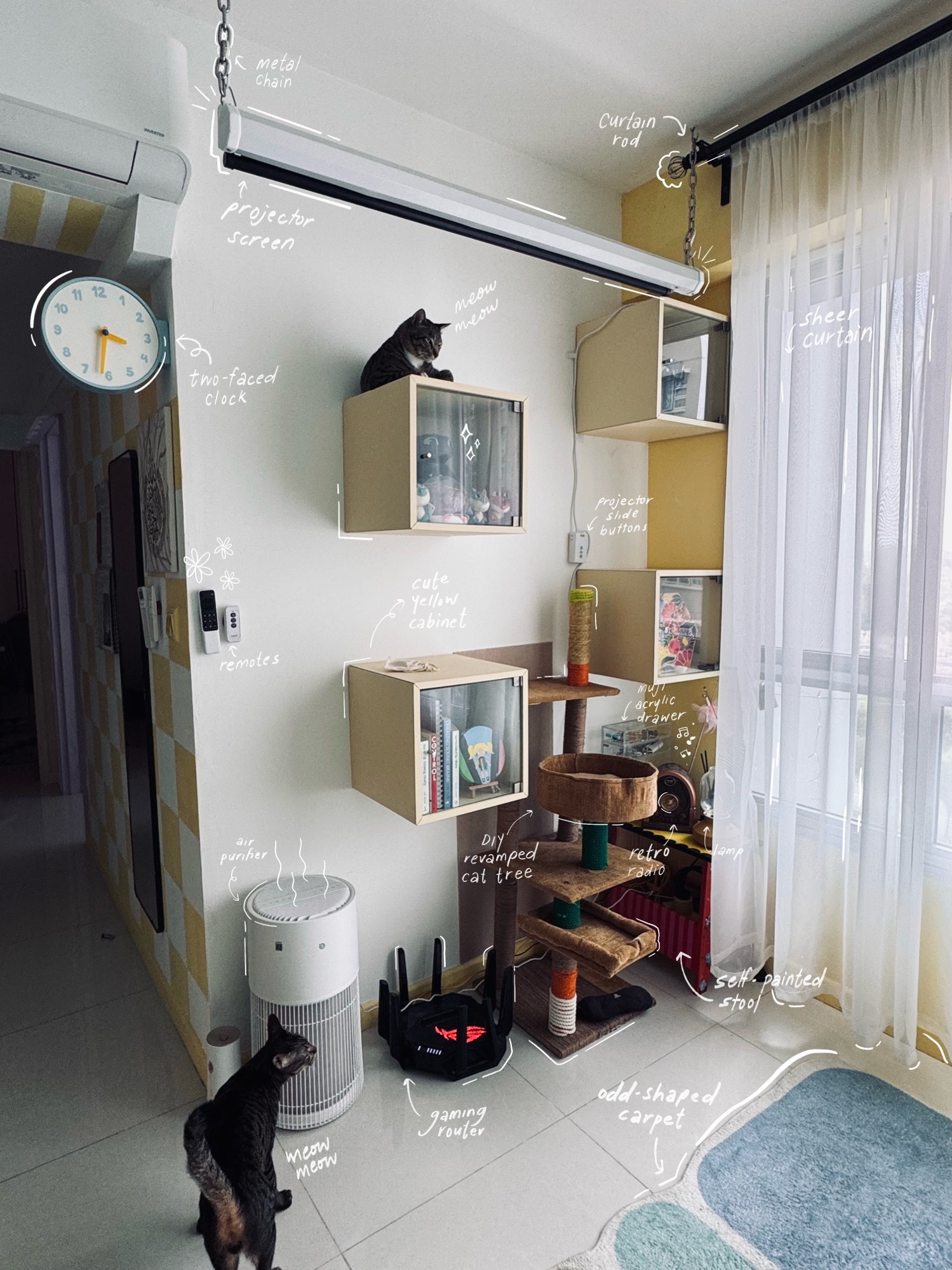 No TV? No problem! Projector + functional Cat Wall it is!
