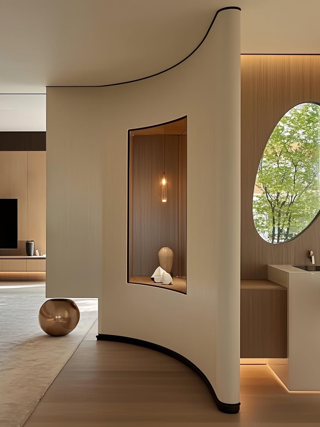 Cozy, luxurious home design with curved walls & cabinets