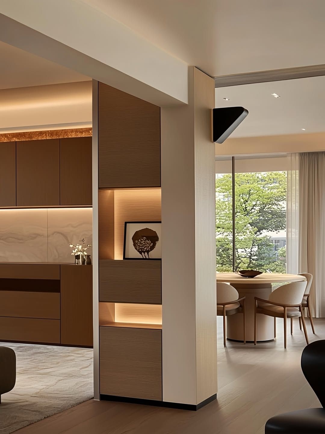 Cozy, luxurious home design with curved walls & cabinets